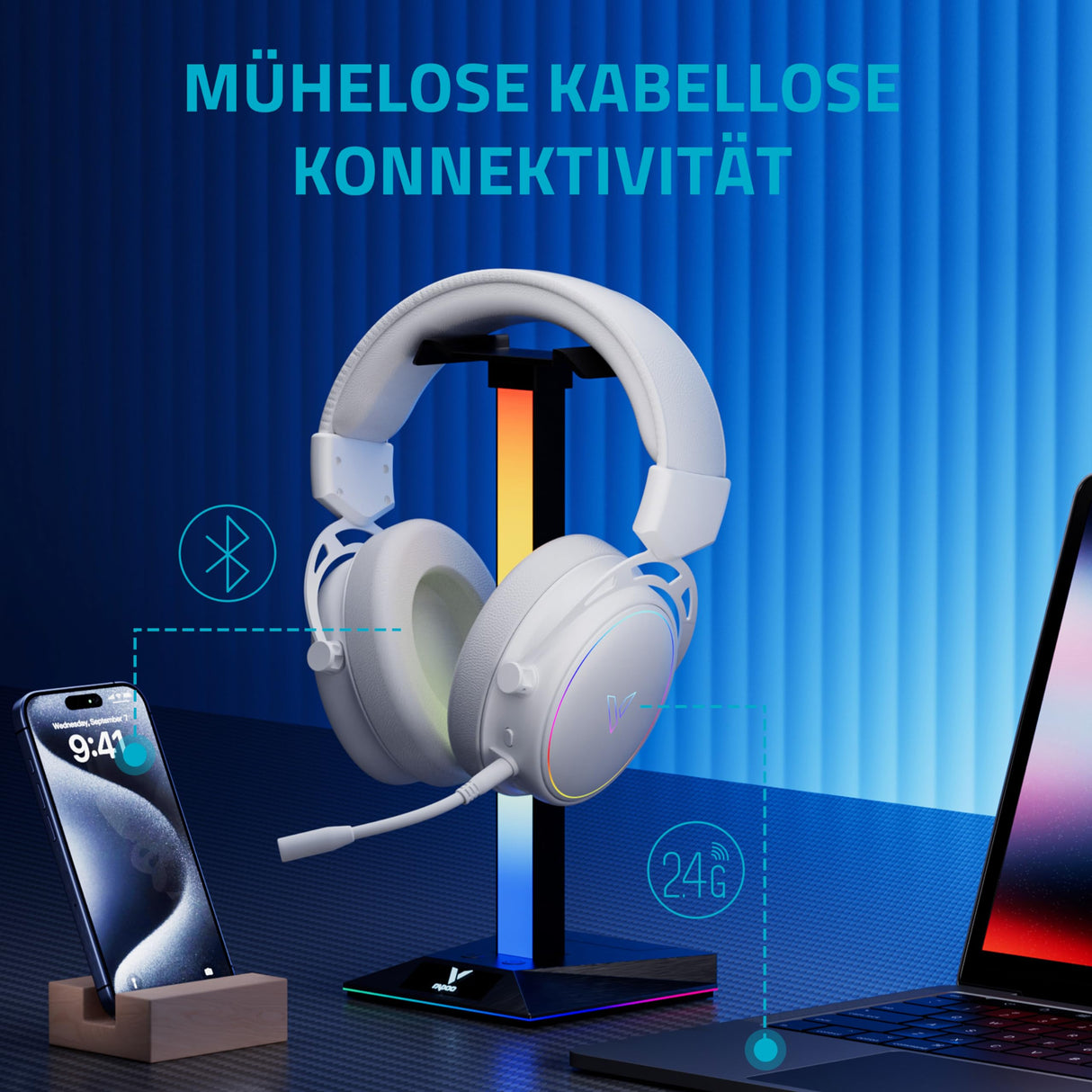Rapoo Auriculares inalámbricos VH800 para Videojuegos, micrófono Flexible con Silencio, Almohadillas de Piel sintética, batería de 46 h, Auriculares Bluetooth y PC de 2,4 GHz, Mac, Xbox One, PS4,