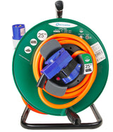 Electraline 49208 Cable Alargador con Enrollacables Industrial de 25M para Campistas, Camping, Caravana,con Doble Toma (1 CEE Industrial+1 Schuko), Enchufe CEE IEC, Cable H07RN-F 3G2.5mm IP44, Verde