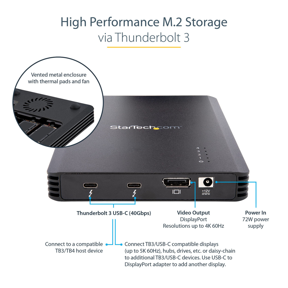 StarTech.com Caja Thunderbolt 3™ de 4 Bahías NVMe M.2 para SSD, con 1 Puerto de Vídeo DisplayPort y 2 Thunderbolt 3, 40gbps, con Fuente de Poder de 72W, Caja Externa para Disco Duro (M2E4BTB3)