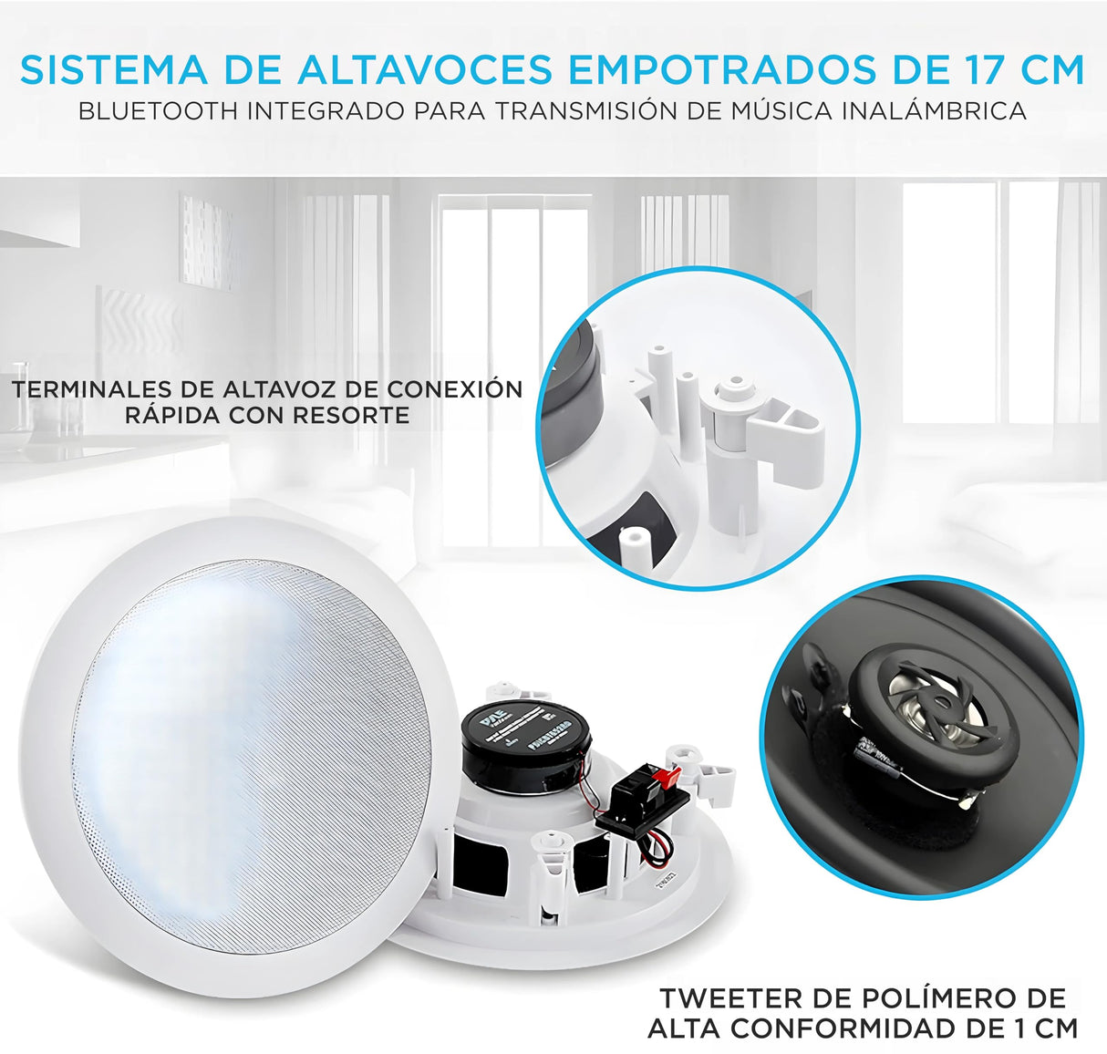 Pyle Altavoces empotrables, Bluetooth, Pared, Techo, 6.5”, 150W, Dos vias, Estereo, Estereo, Rejilla Redonda/Cuadrada Intercambiables