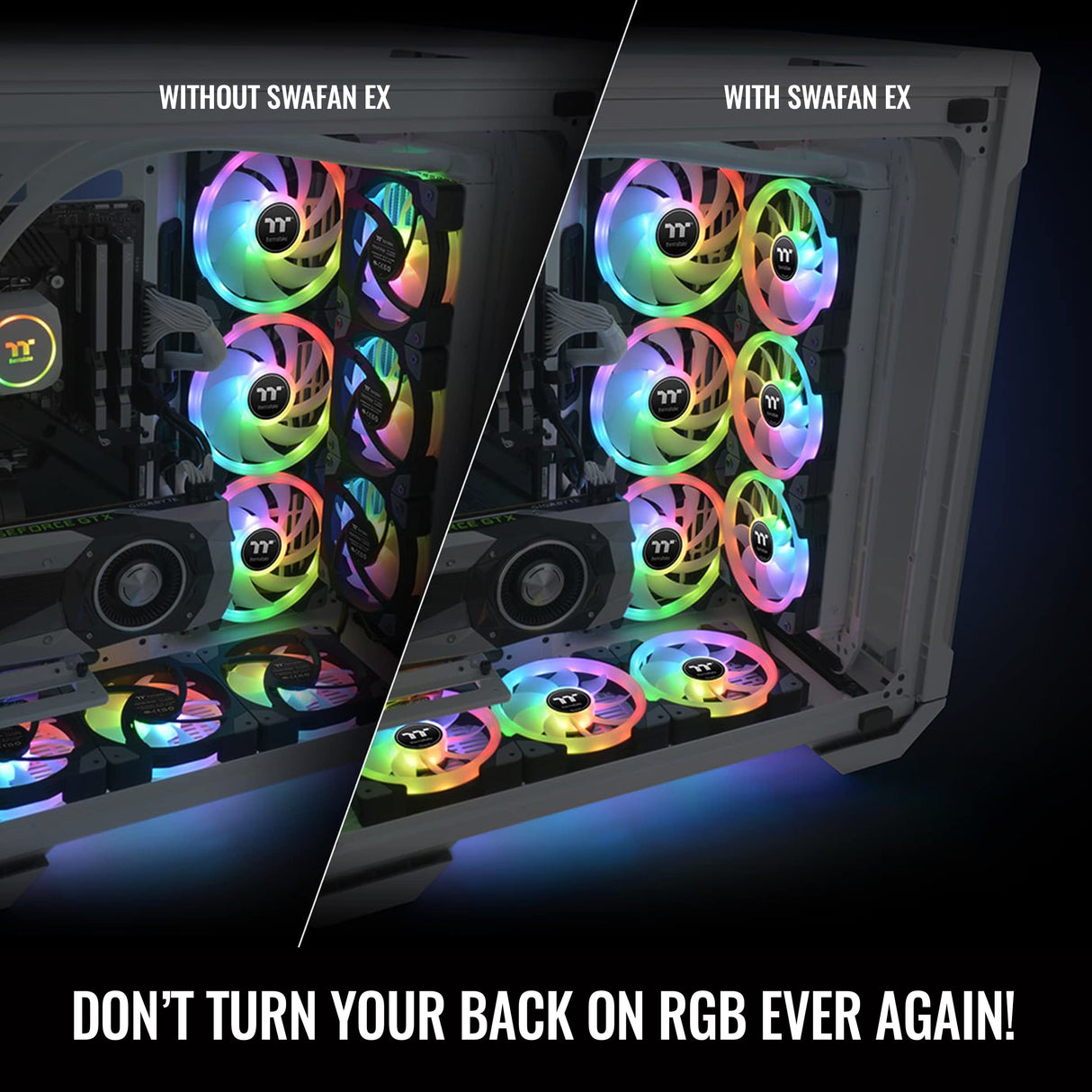 Thermaltake SWAFAN EX 12 RGB Ventilador de refrigeración para PC, blanco, paquete de 3, 500~2000 RPM, conexión magnética, cuchillas reversibles, controlador incluido, CL-F161-PL12SW-A