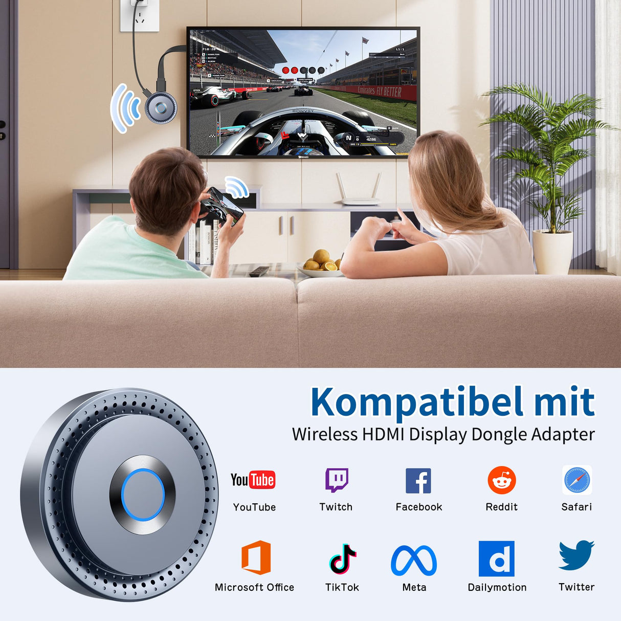 Miracast Wireless Hdmi Dongle Adapte, Hdmi Bluetooth Adapter Wi-Fi Dongle con Screen Mirror para Streaming de vídeo/Audio/Transferencia de Archivos Desde Ordenador portátil, PC, Smartphone a HDTV,