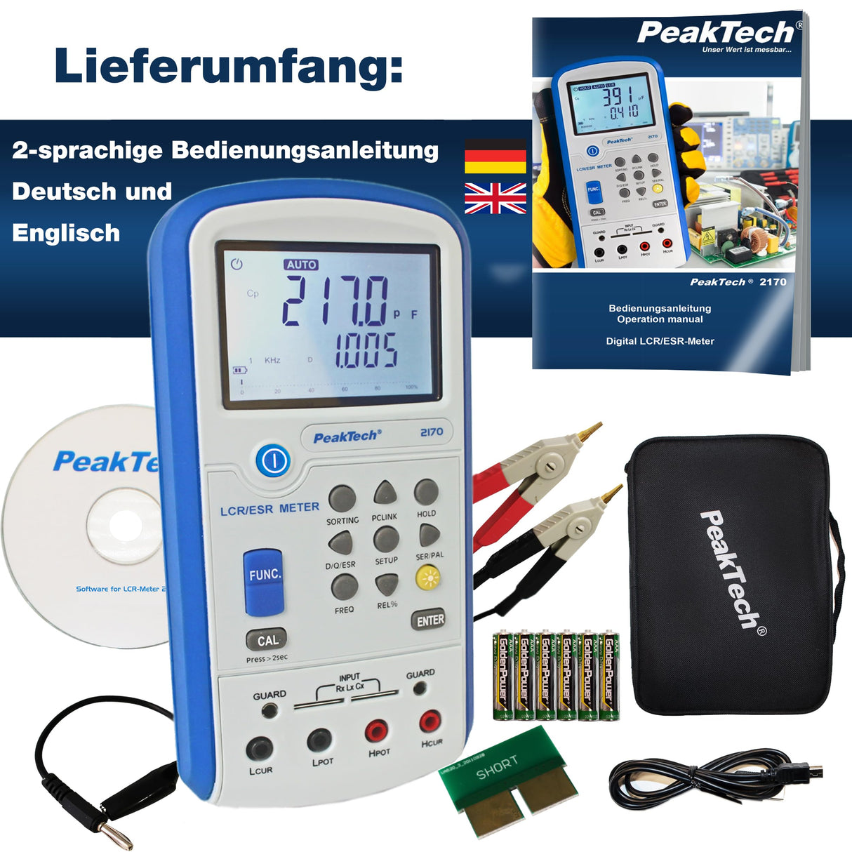 PeakTech 2170 - Medidor LCR, Dispositivo de Medición Esr con Usb, Incluido Software, Frecuencia 1/120 Hz, 1/10/100 Khz, Digital, Medición de Corriente, Pantalla LCD Iluminada, Gráfico de Barras