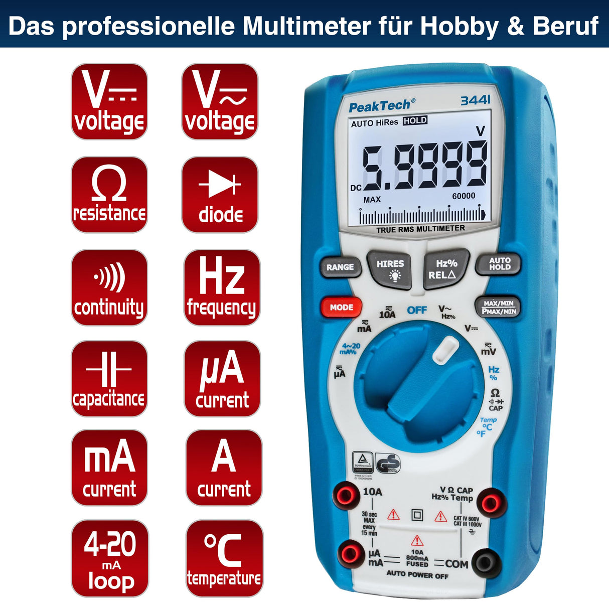 PeakTech 3441 – Multímetro digital RMS con 60,000 recuentos, multímetro de mano profesional para cables eléctricos, TUV/GS, medidor de voltaje, probador de continuidad - CAT III 1000V