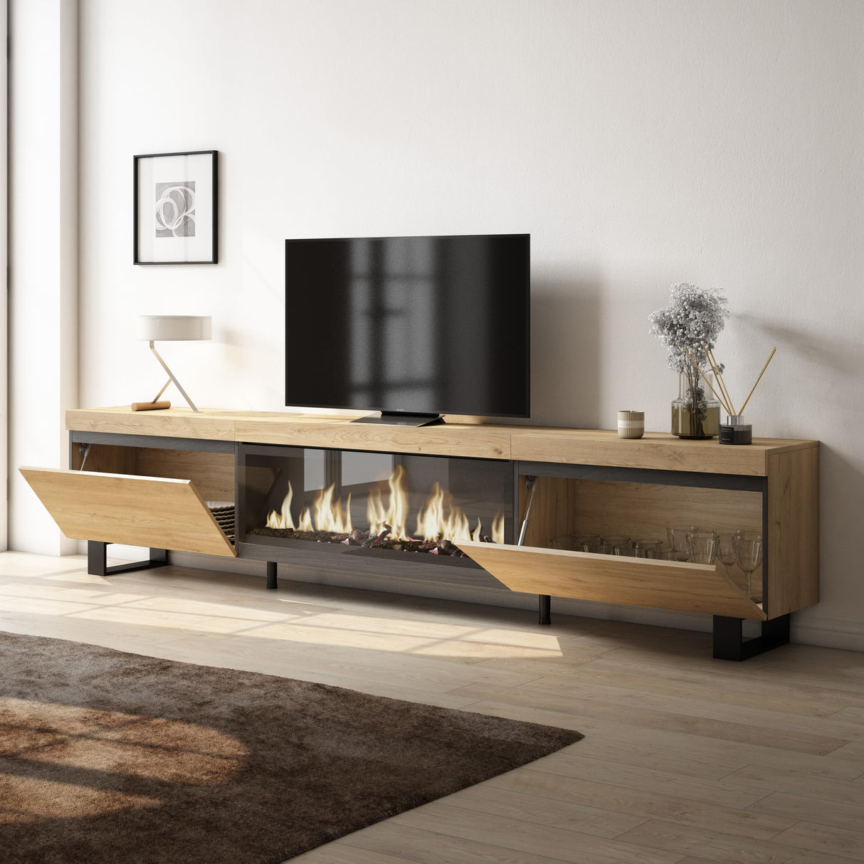 Skraut Home | Mueble TV | Televisión | Muebles de salón, almacenaje | 267x57x35 cm | para TV Gran Formato | Chimenea eléctrica XXL | Diseño Industrial | Estilo Moderno | Roble