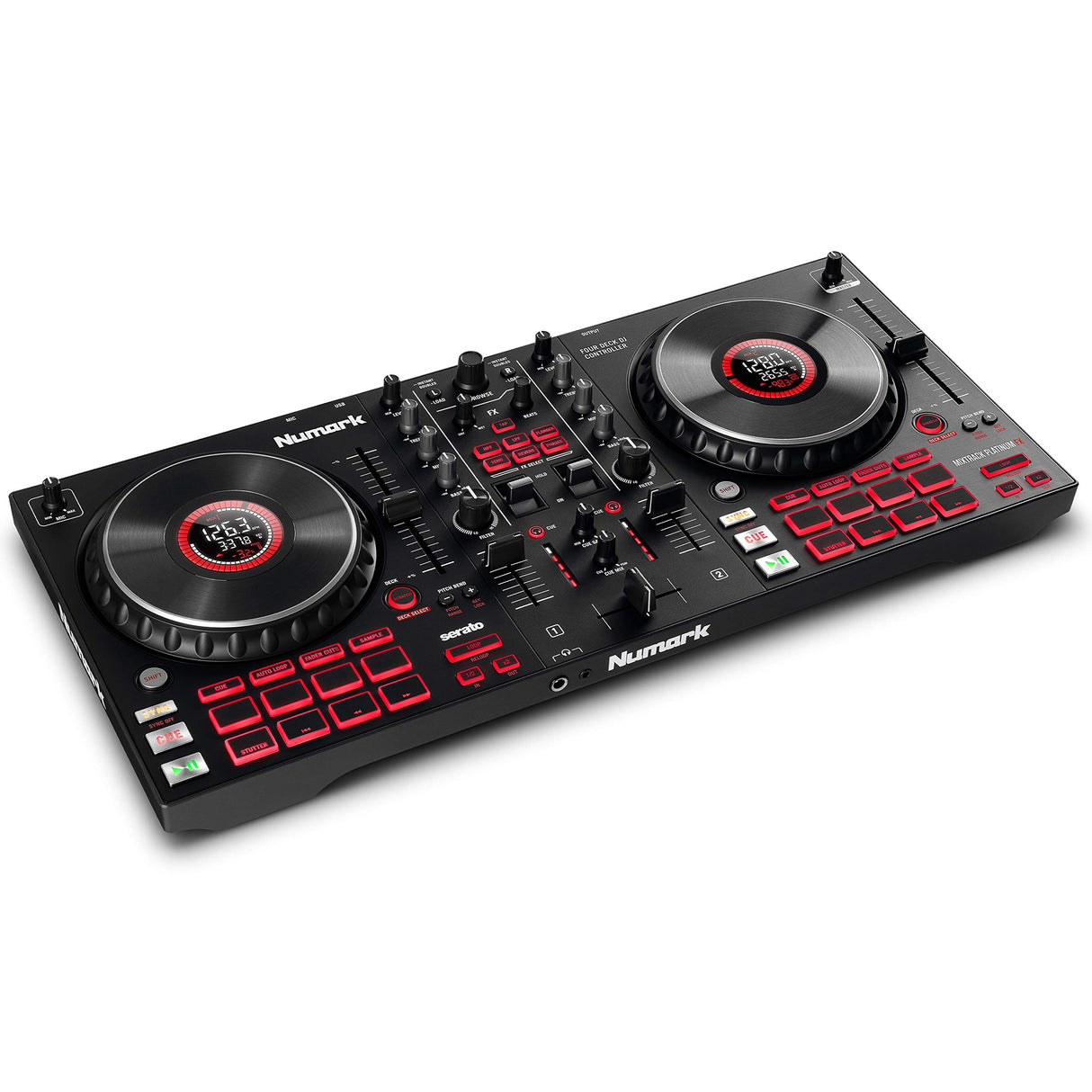 Numark Mixtrack Platinum FX Controlador DJ para Serato DJ Con Control de 4 Secciones, Mezclador DJ, Interfaz de Audio Incorporada, Pantallas en Las Ruedas de Selección y Paletas de Efectos