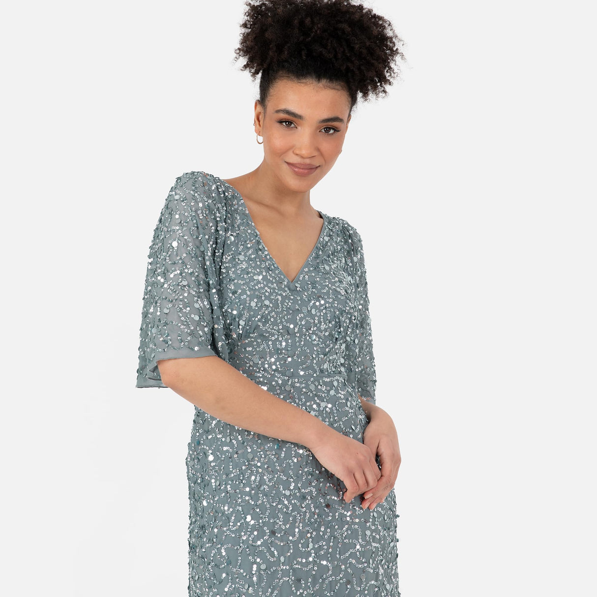 Maya Deluxe Women's Ladies Maxi Dress V-Neck Short Angel Sleeve Sequin Embellished A-Line Bridesmaid Wedding Guest Prom Ball Gown Vestido, Misty Green, 36 De Las Mujeres