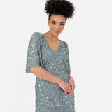 Maya Deluxe Women's Ladies Maxi Dress V-Neck Short Angel Sleeve Sequin Embellished A-Line Bridesmaid Wedding Guest Prom Ball Gown Vestido, Misty Green, 36 De Las Mujeres