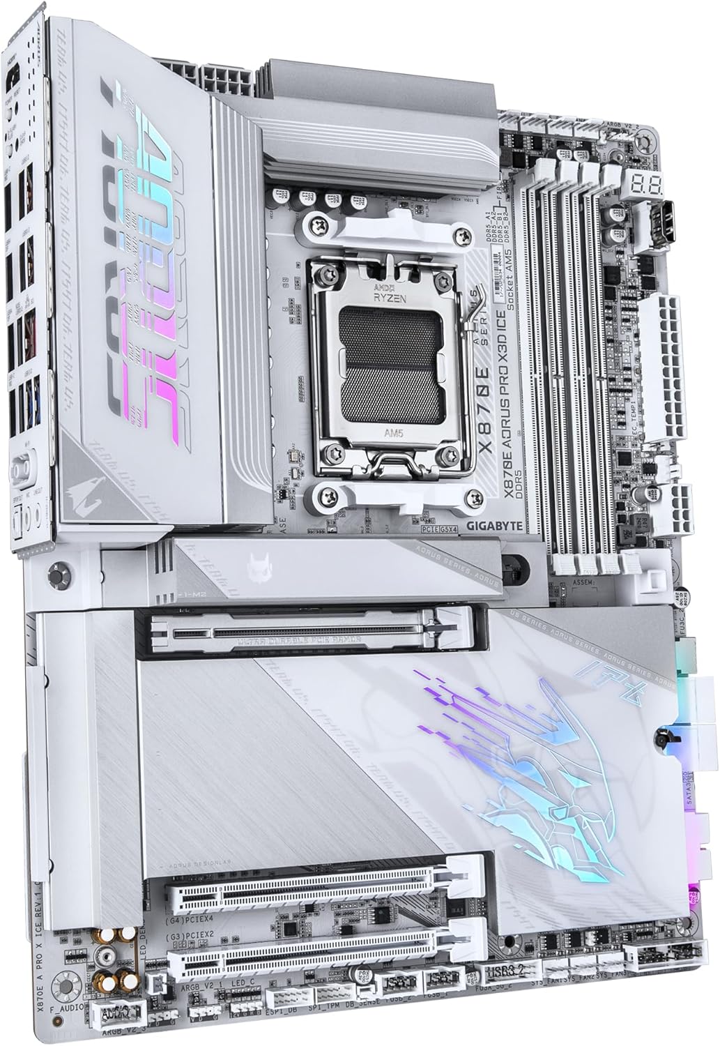 GIGABYTE X870E AORUS Pro X3D Ice Placa Base – Compatible con procesadores AMD Ryzen 9000, VRM Digital de 18+2+2 Fases, hasta 9000 Hz DDR5 (OC), 2 x PCIe 5.0 + 2 x PCIe 4.0, Wi-Fi 7, LAN 5 GbE, USB 4