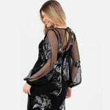 Maya Deluxe Women's Maxi Dress Ladies Long Sleeve Boat Neck Sheer Tulle Floral Sequin Embellished Trapeze Evening Prom Ball Gown, Black, 44