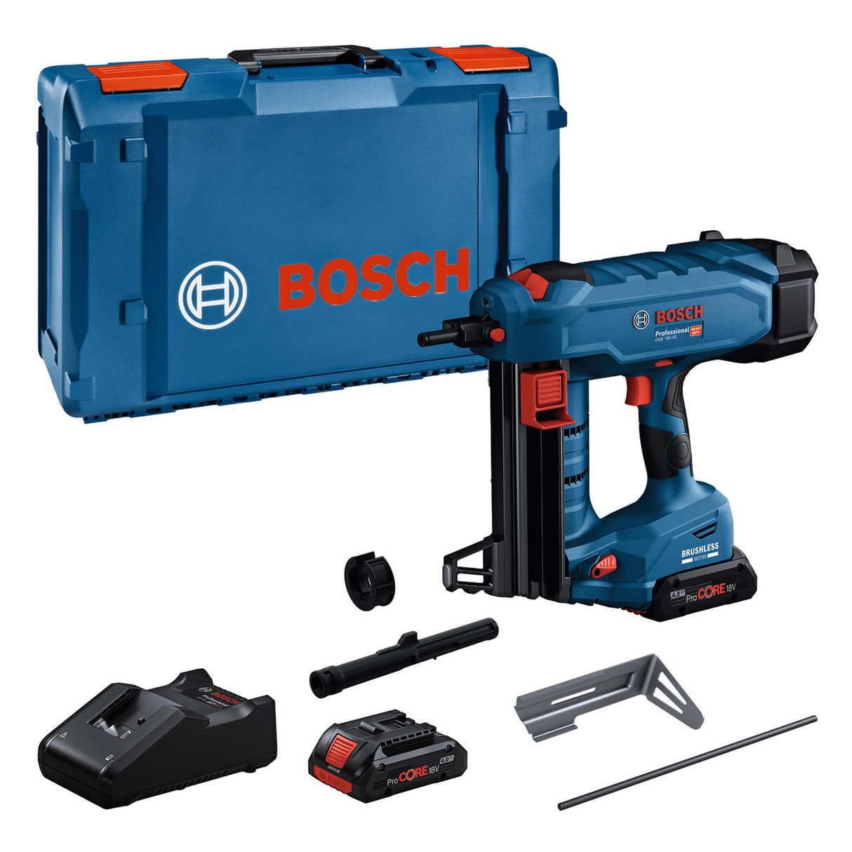 Bosch Professional 18V Clavadora Hormigón GNB 18V-40 (2x baterías ProCORE 4.0Ah, cargador GAL 18V-40, pasador, gancho, punta estándar, imán, XL-BOXX)