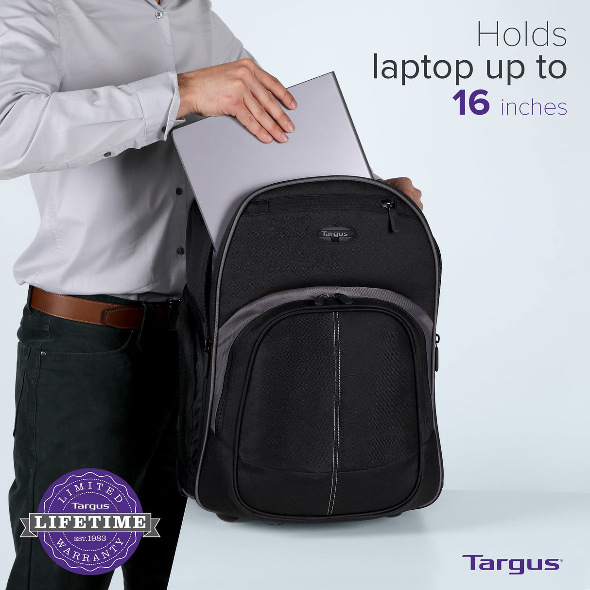Targus Mochila compacta con ruedas para negocios, estudiantes universitarios y viajes, material duradero, bolsillo para tableta, funda protectora extraíble para laptop de 16 pulgadas, color negro