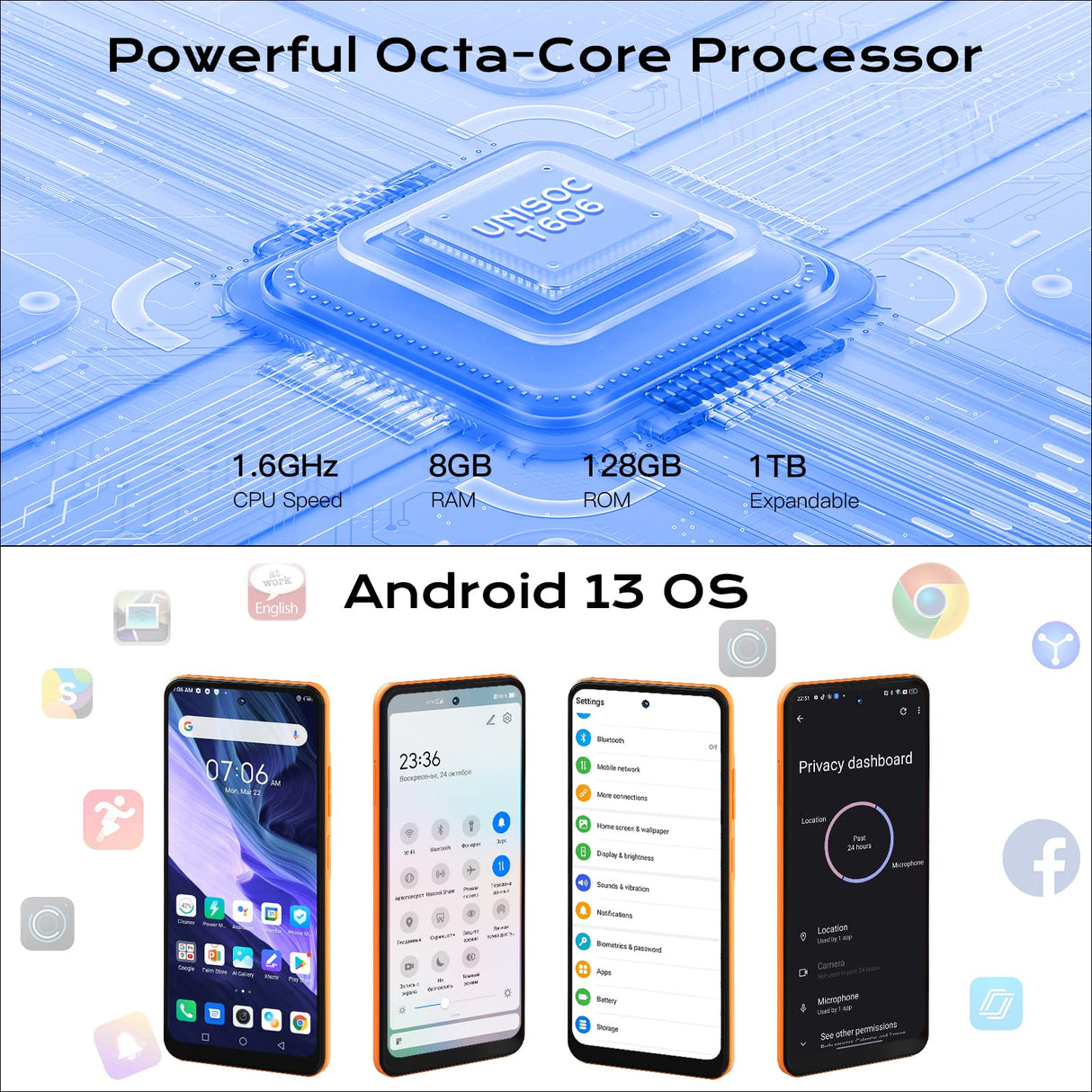 HOTWAV Note 12 Smartphone (2023), Android 13 Teléfono Móvil 8GB + 128GB (1TB TF) 6180 mAh 48MP + 16MP 6.8 Pulgadas HD+ Telefono Movil, Reconocimiento Facial Doble SIM LTE 4G / GPS/NFC