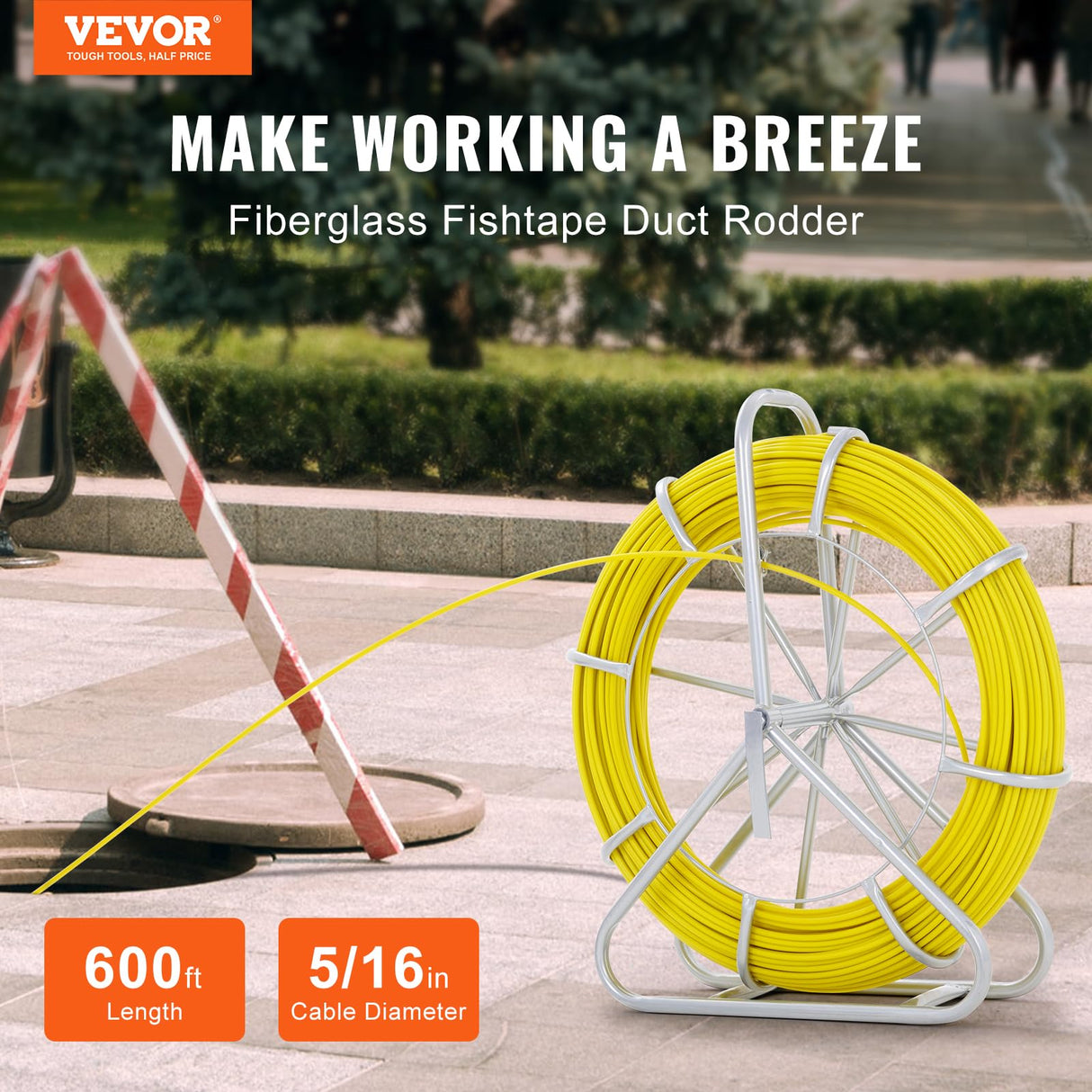 VEVOR Cinta para pescar de fibra de vidrio, 182,9 m, 8 mm, extractor de alambre para cinta de pescar, varilla para correr cables con soporte de carrete de acero, 3 cabezales de tracción