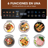 AMZCHEF parrilla eléctrica con 6 programas, función Sear hasta 280 °C, modo manual, sensor de temperatura, placas desmontables y bandeja para gofres. Ideal para carne, pescado, paninis y gofres