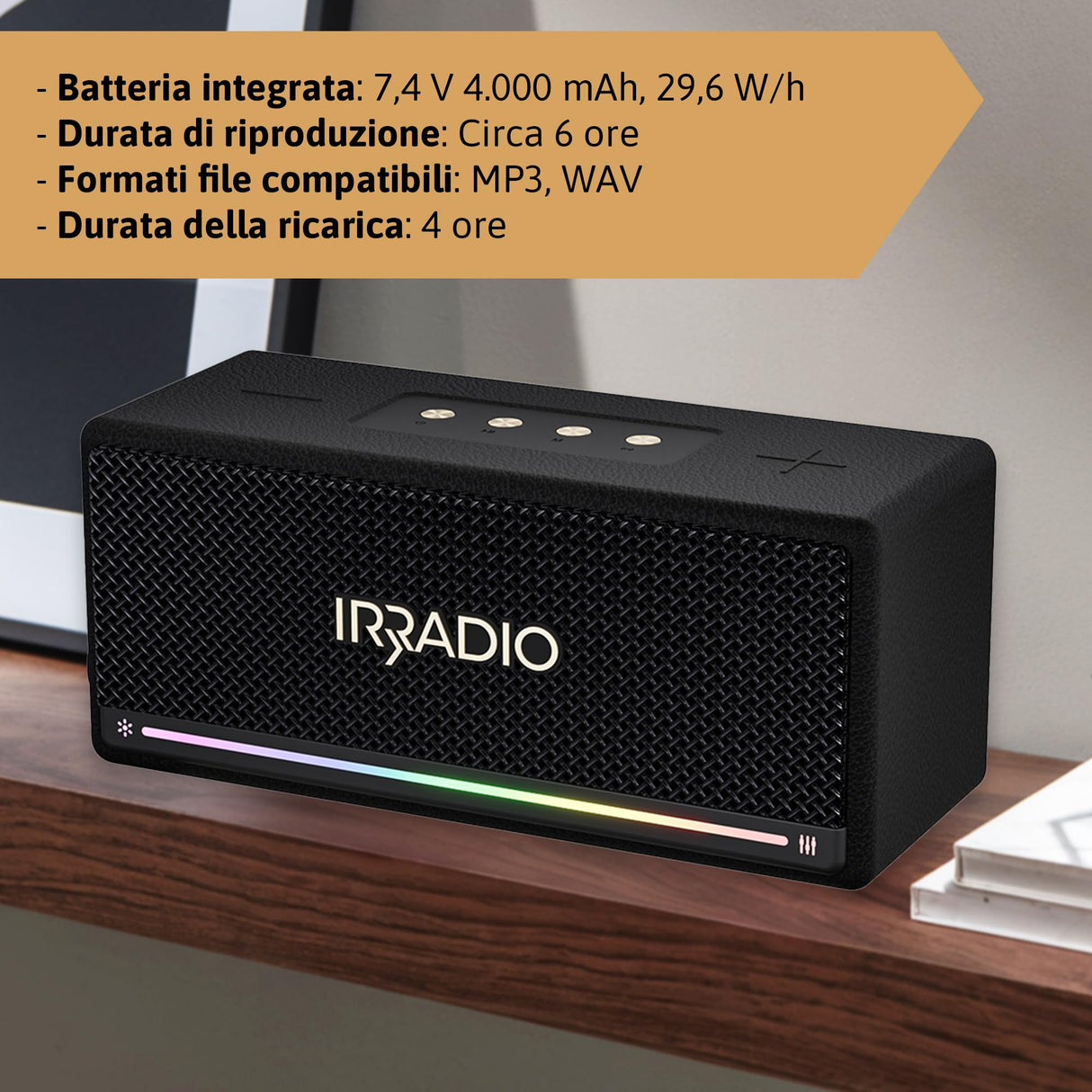 IRRADIO IR-M6 Classic, Altavoz Bluetooth portátil, 40 W, Doble woofer y Tweeter, Grado de impermeabilización IPX7, iluminación LED RGB, función True Wireless Stereo, Compatible con formatos MP3 y WA