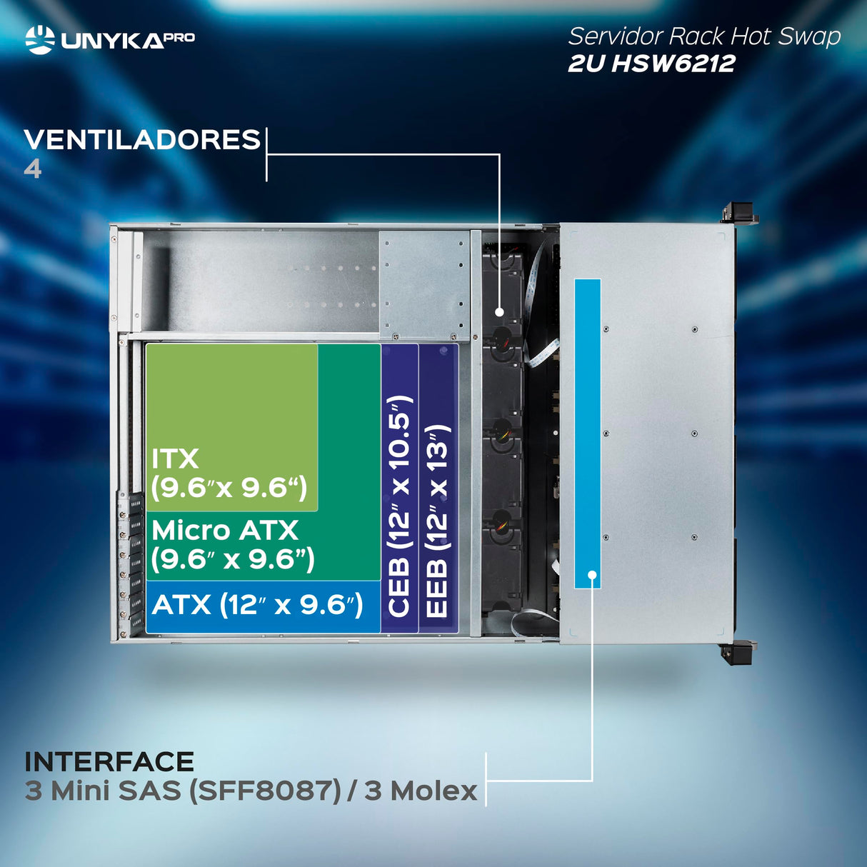 UNYKAch Caja Rack HSW6212 Hot Swap (Sustitución de Bahías en Caliente) 2U, ATX, 12 Bahías Compatibles con Discos de 3,5″ o 2.5”, 4 Ventiladores de 80 mm, 2 USB 2.0