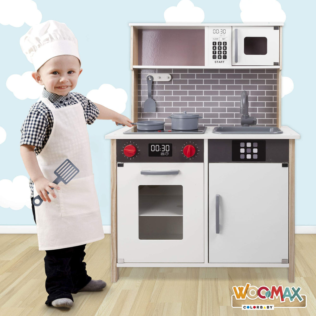 WOOMAX Cocina Juguete de Madera con luz y Sonidos, con Accesorios y Utensilios de Cocina, para niños Desde 3 años (49026)