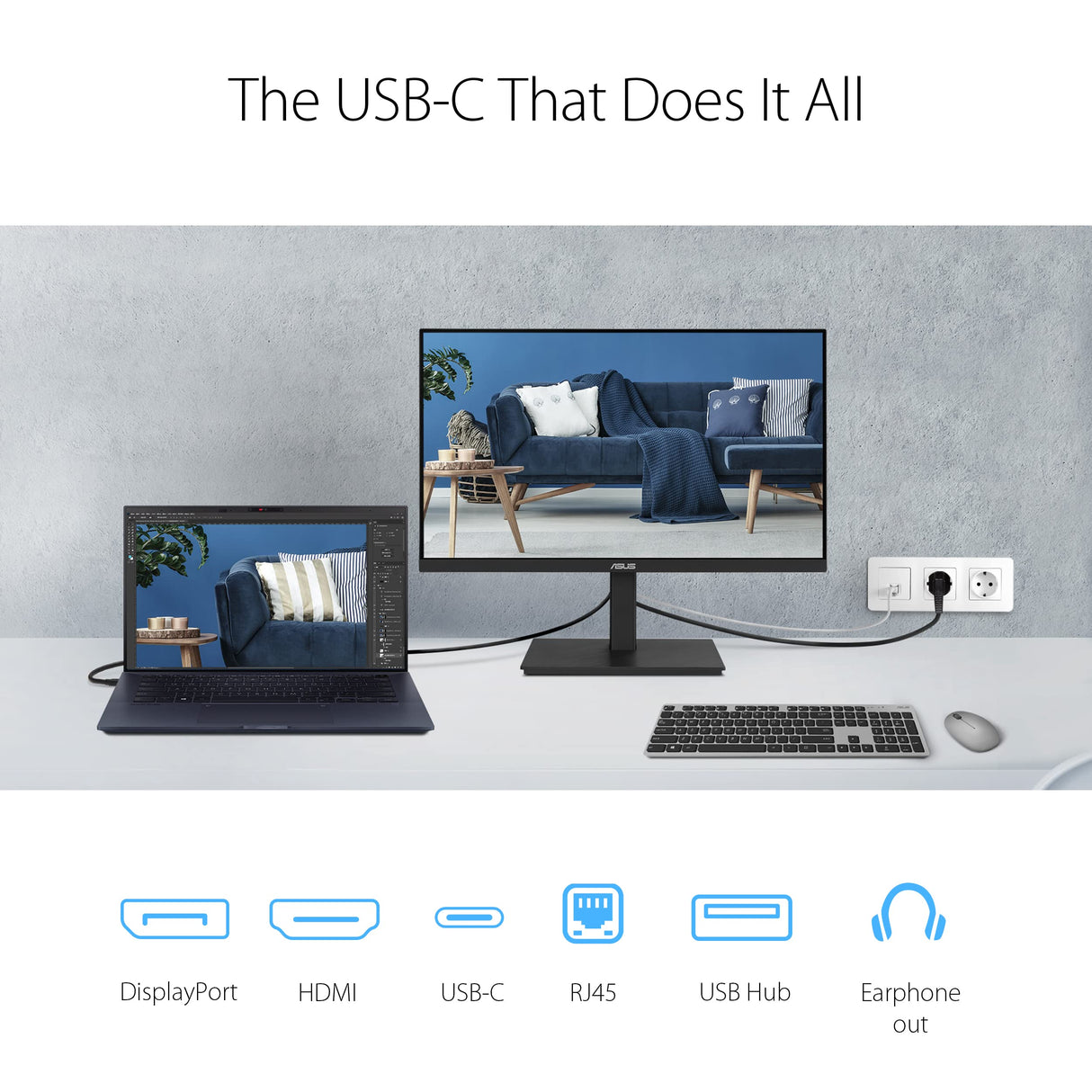 Asus VA27ECPSN - Monitor Docking USB de 27 Pulgadas, Full HD, IPS, Sin Marco, USB-C, RJ45, 75 Hz, Adaptive-Sync, Altavoces Estéreo, Baja Luz Azul, Sin Parpadeos, Diseño Ergonómico, Montaje en Pared