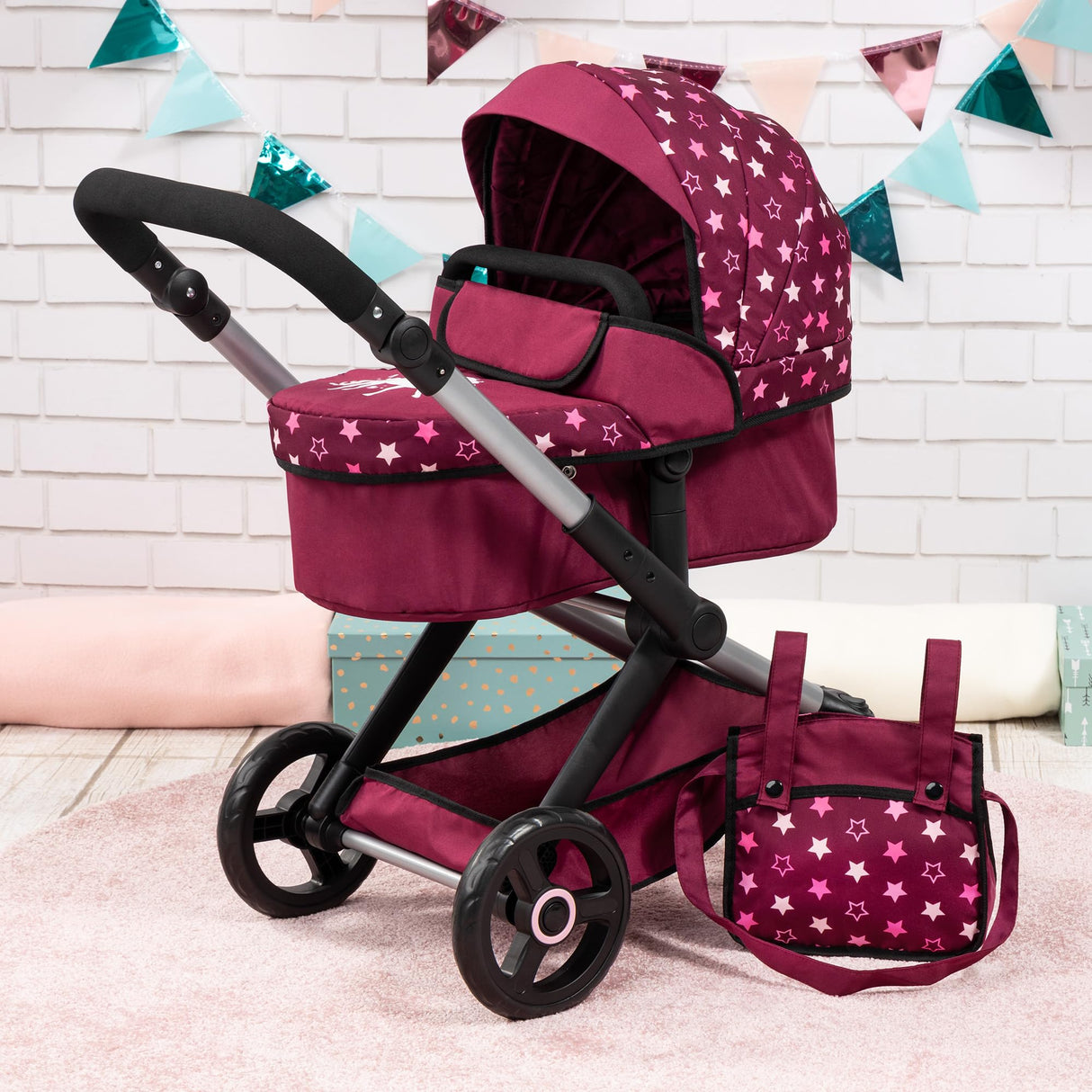 Bayer Design 17023AA Cochecito de muñeca Combi Xeo, Carrito para muñecas, Altura Regulable, Convertible en Sillita Paseo, Bolsa