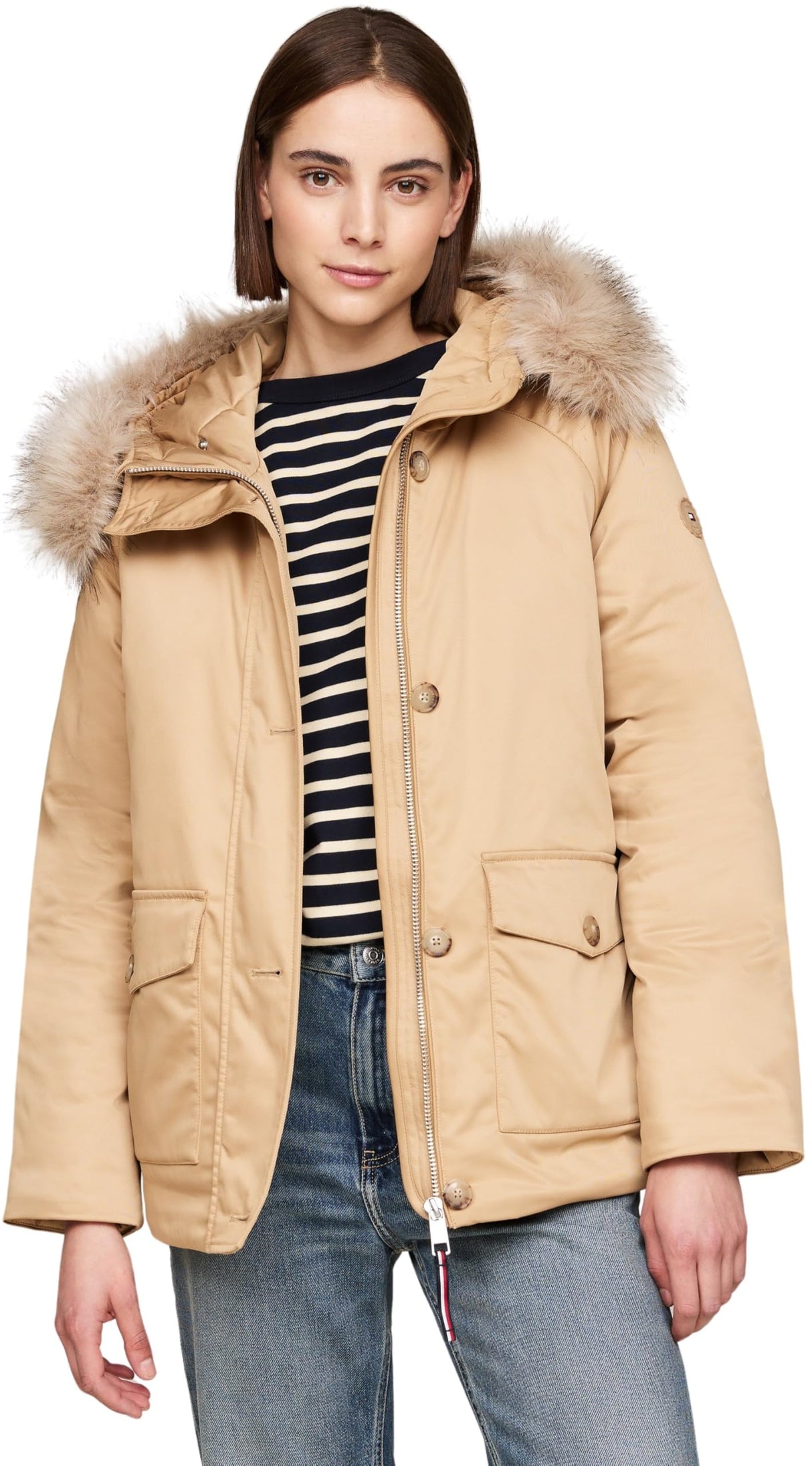 Tommy Hilfiger Parka Mujer Padded Parka With Fur con Botones, Verde (Classic Khaki), M