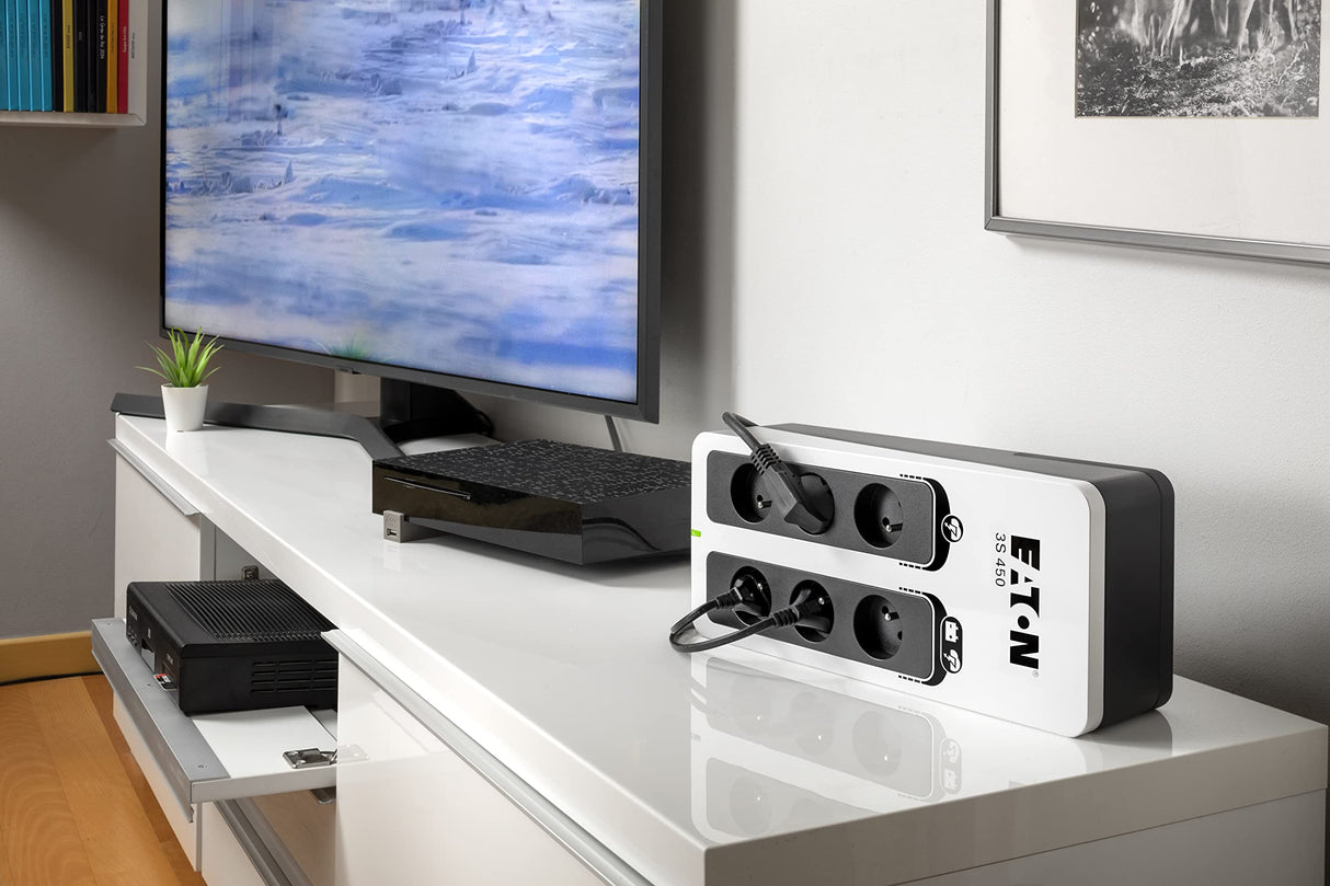 Eaton 3S 450 FR - Off-Line UPS - Sistema de alimentación ininterrumpida SAI - 3S450F - 450VA (6 Salidas Tipo FR) - Negro y Blanco