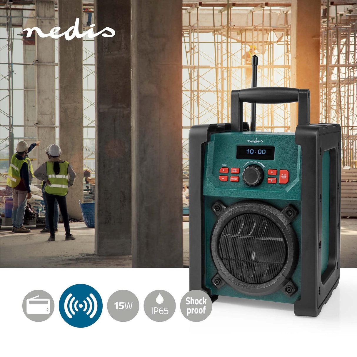 Nedis Dab + Radio | Mesa de ejecución | Dab+ / FM | 2.2" | Monitor Blanco | Funciona con Pilas/Fuente de alimentación de Red | Digital | 15 W | Bluetooth | Despertador | IP65 | Asa de Transporte |