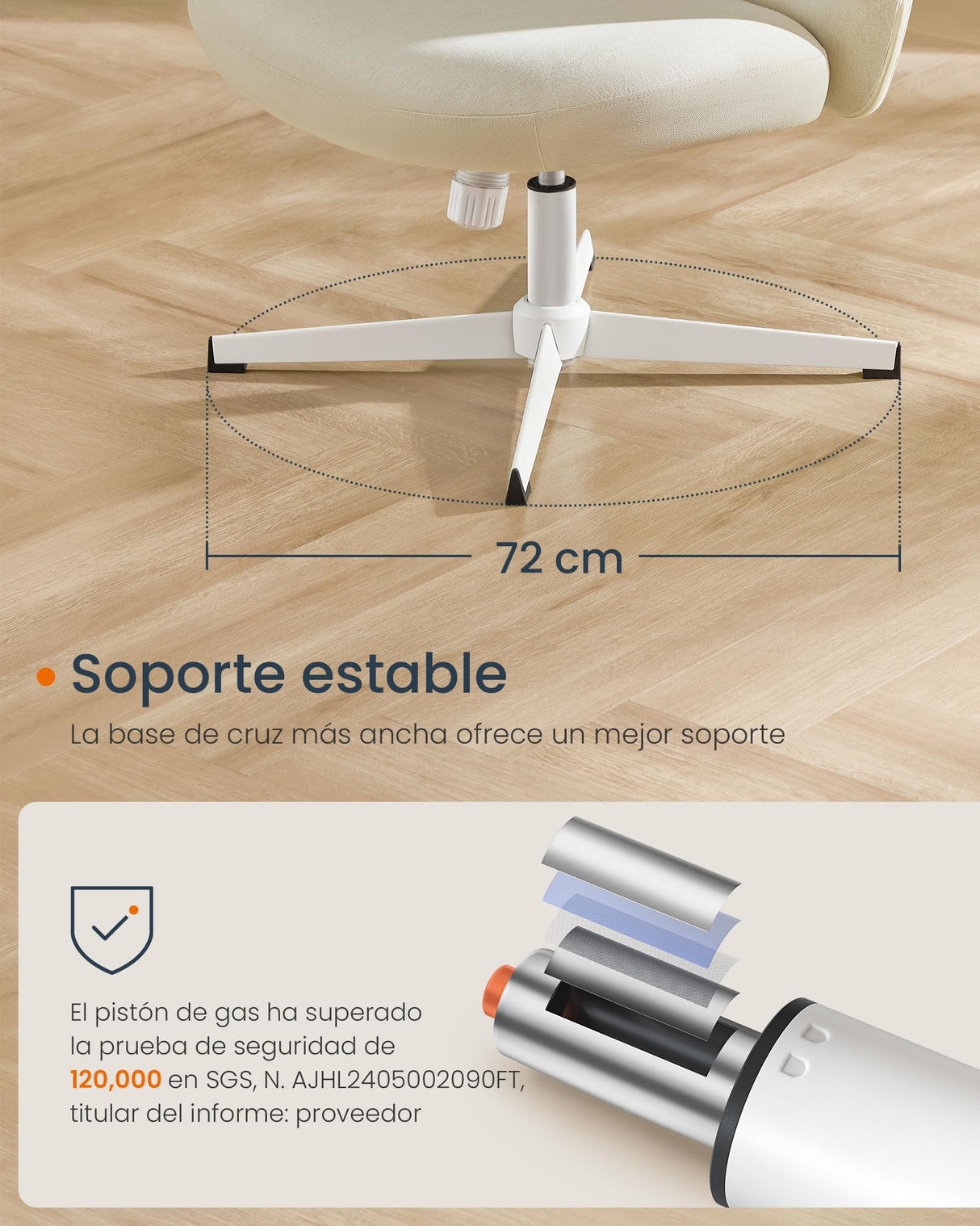 SONGMICS HOME Silla de Oficina, Estilo Contemporáneo con Base en Cruz, Asiento Ancho y Cómodo, Altura Ajustable, Silla Giratoria, Tela de Lino de Algodón, Blanco Crema OBG046W01