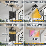 RICOO Soporte TV Techo Giratorio Plegable Televisión 13-33" (33-84cm) D0122 Brazo Universal Televisor LED/LCD/Curvo VESA 75x75-200x200 Negro