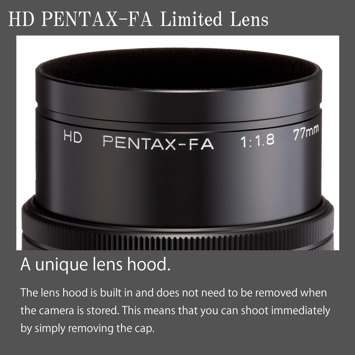 HD PENTAX-FA 77mmF1.8 Limited Silver Limited Medium teleobjetivo Prime, Revestimiento HD de Alto Rendimiento, Recubrimiento SP, diafragma Redondo, Cuerpo de Aluminio mecanizado