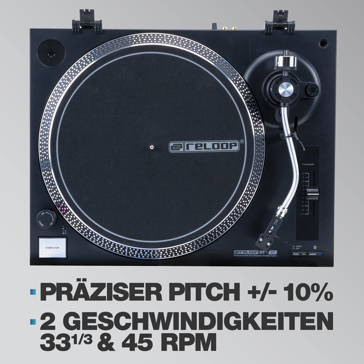 Giradiscos Reloop RT-1 BT con accionamiento por correa para aplicaciones de DJ y HiFi, salida Bluetooth para conexión inalámbrica con altavoces Bluetooth