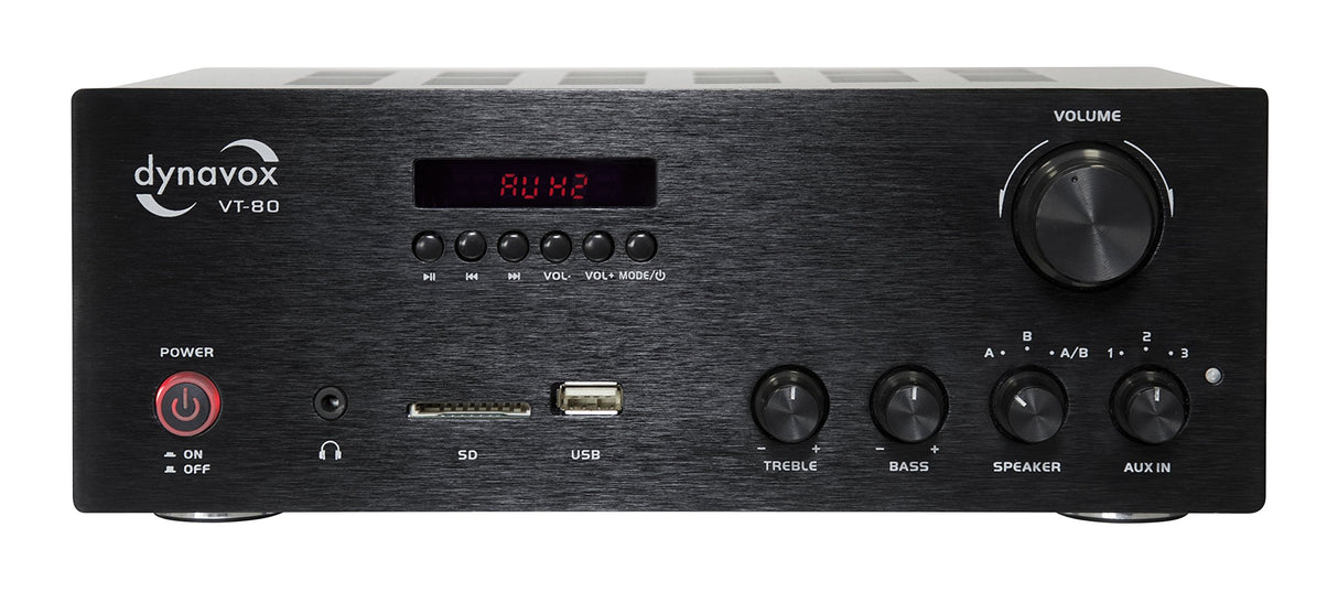 Dynavox VT-80 Amplificador estéreo Compacto, terminales de conexión atornillables para 4 Altavoces, Control Remoto Solo para entradas Digitales (USB, Tarjeta SD), Antena BT integrada, Negro