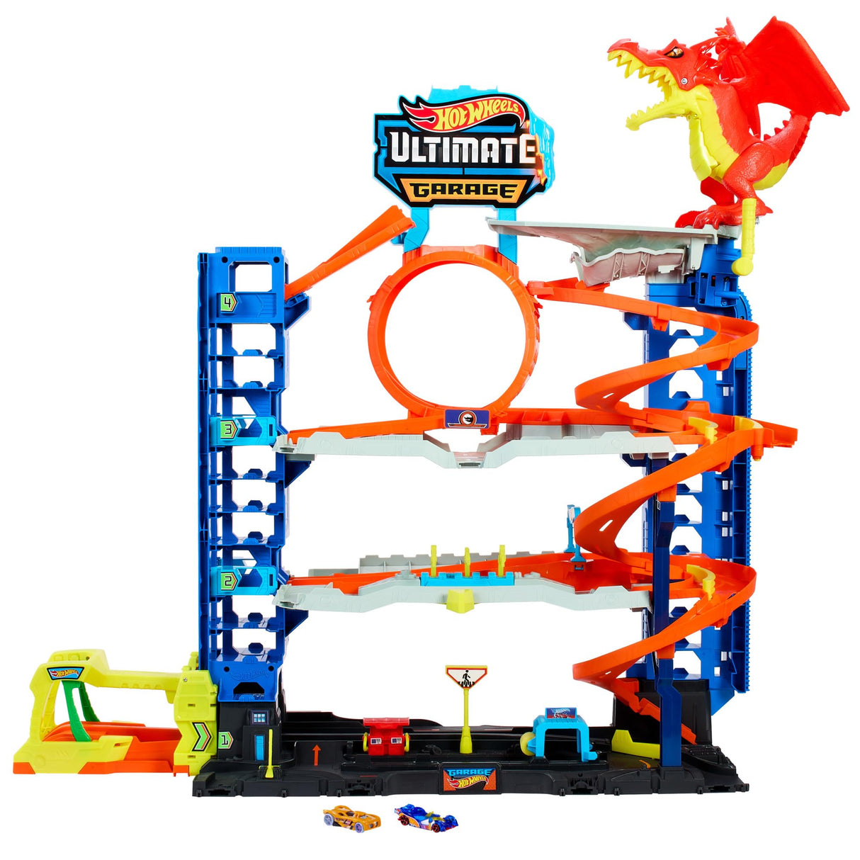 Hot Wheels City “Let's Race - ¡a Correr!” Netflix - Garaje definitivo Pista para Coches de Juguete con dragón y 4 Niveles, Incluye 2 vehículos, +4 años (Mattel HKX48)