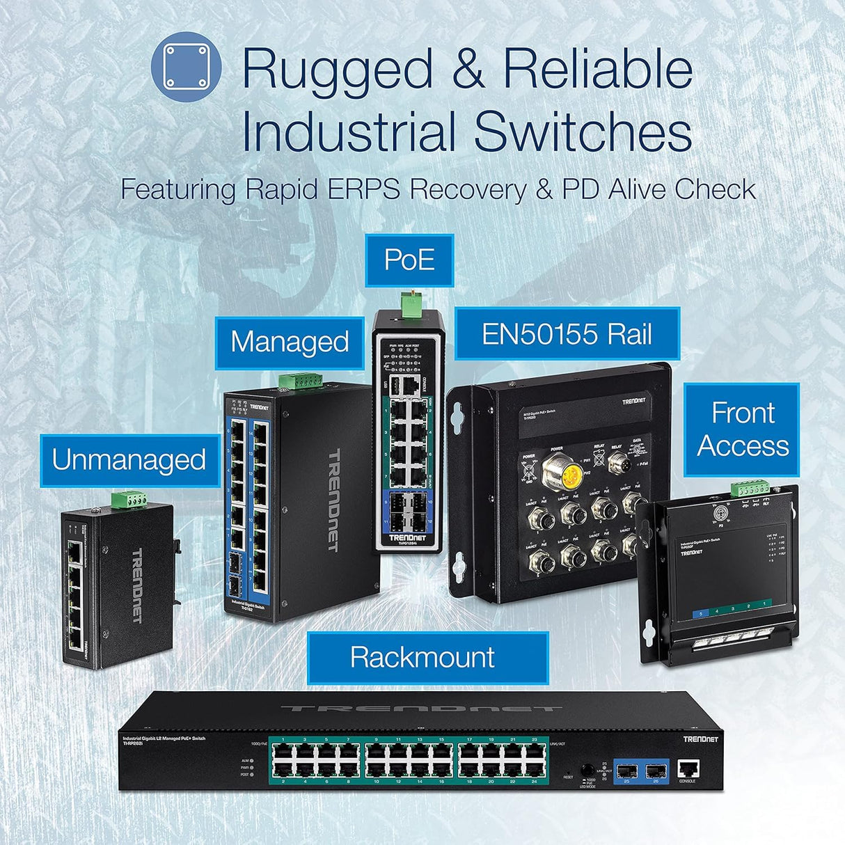 TRENDnet, TI-PG50, Conmutador Gigabit Industrial no administrado Reforzado de 5 Puertos, 10/100/1000 Mbps, conmutador DIN-Rail, 4 Puertos Gigabit PoE+, 1 Puerto Gigabit