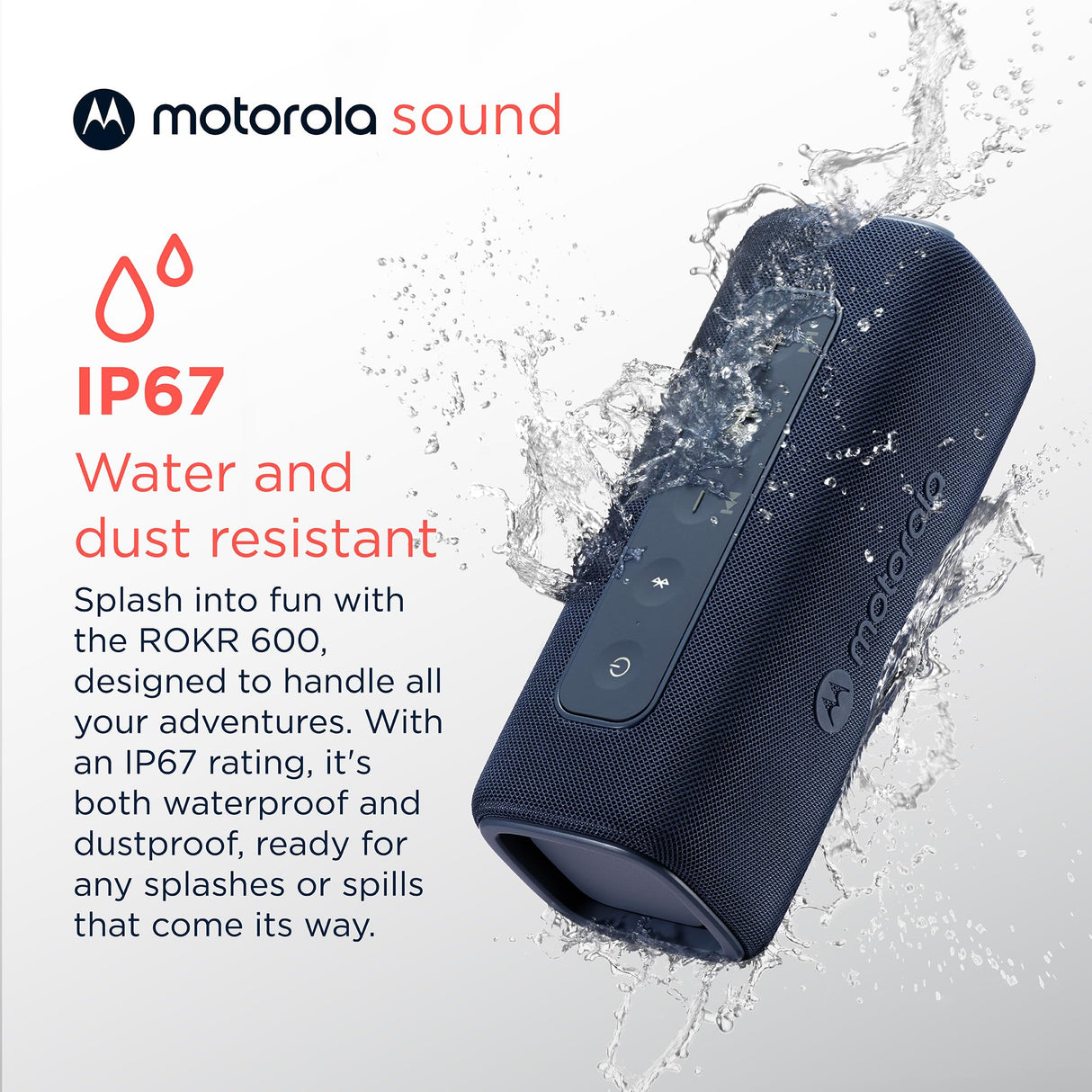 Motorola Sound - Altavoz Inalámbrico Bluetooth ROKR 600 - Potente Sonido de 30W, Resistente al Agua y Polvo, Función Broadcast para Conectar 20+ Altavoces, 6 Horas de Reproducción, Azul