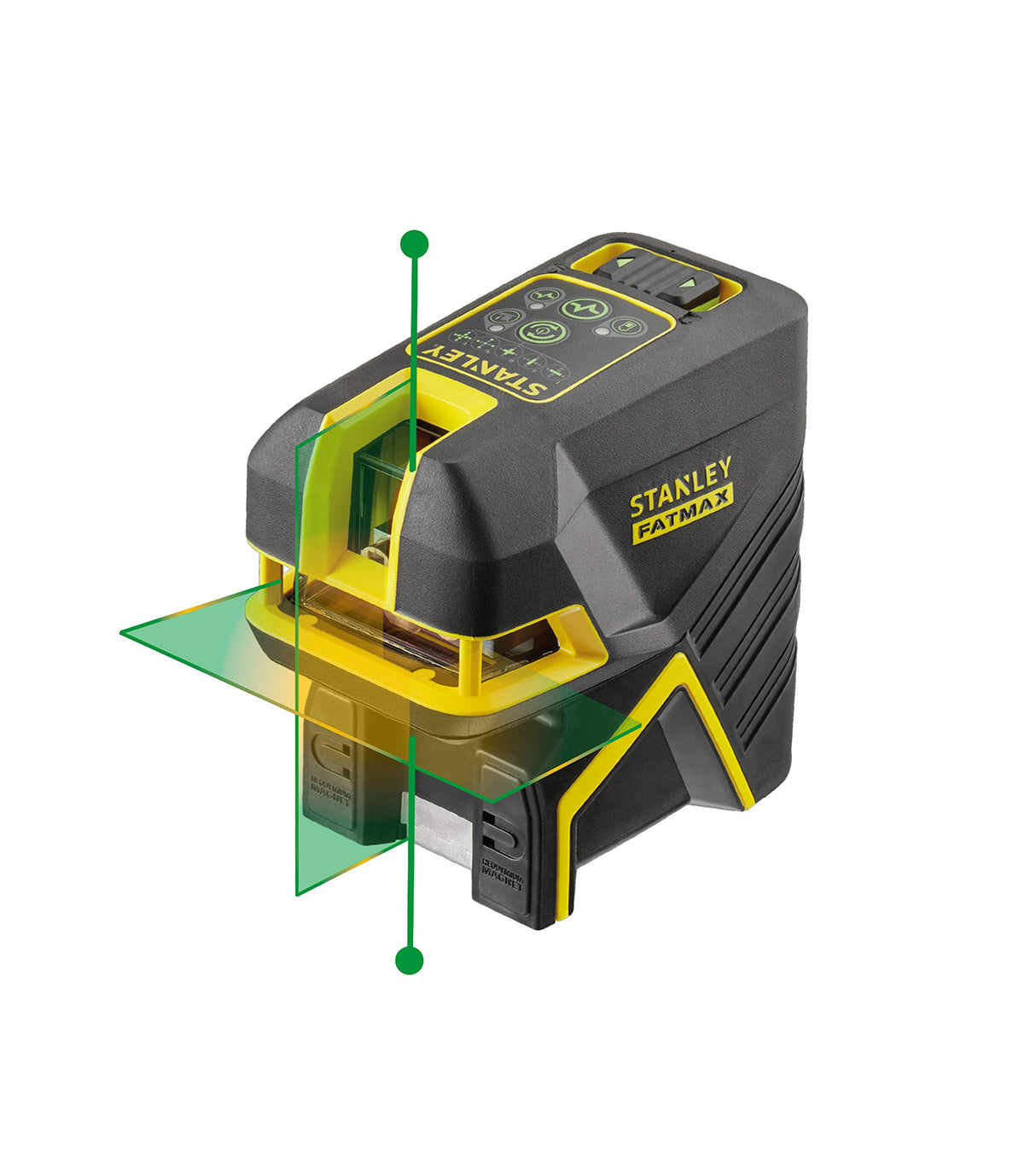 STANLEY FATMAX Nivel láser verde de cruz 2 puntos, alcance 30m (50m con detector), precisión ±0.3mm/m, base magnética, carcasa IP54, batería recargable, incluye accesorios, FMHT77597-1