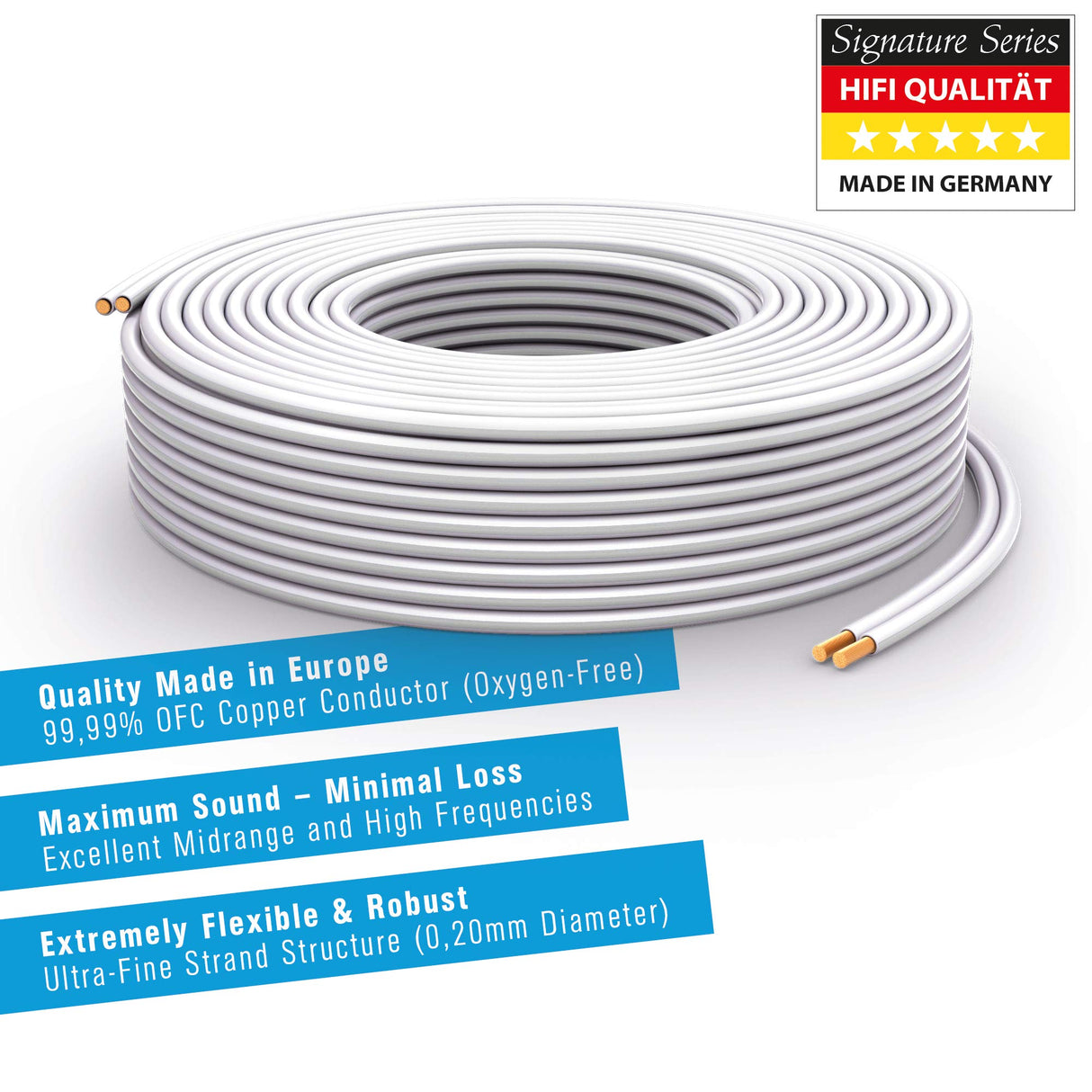 PureLink cable de altavoz cable de altavoz OFC 2x4,00mm² 0,20mm, 50,0m, cable de cobre puro para recintos de alta fidelidad subwoofers, cable de audio con etiquetado de polaridad, blanco