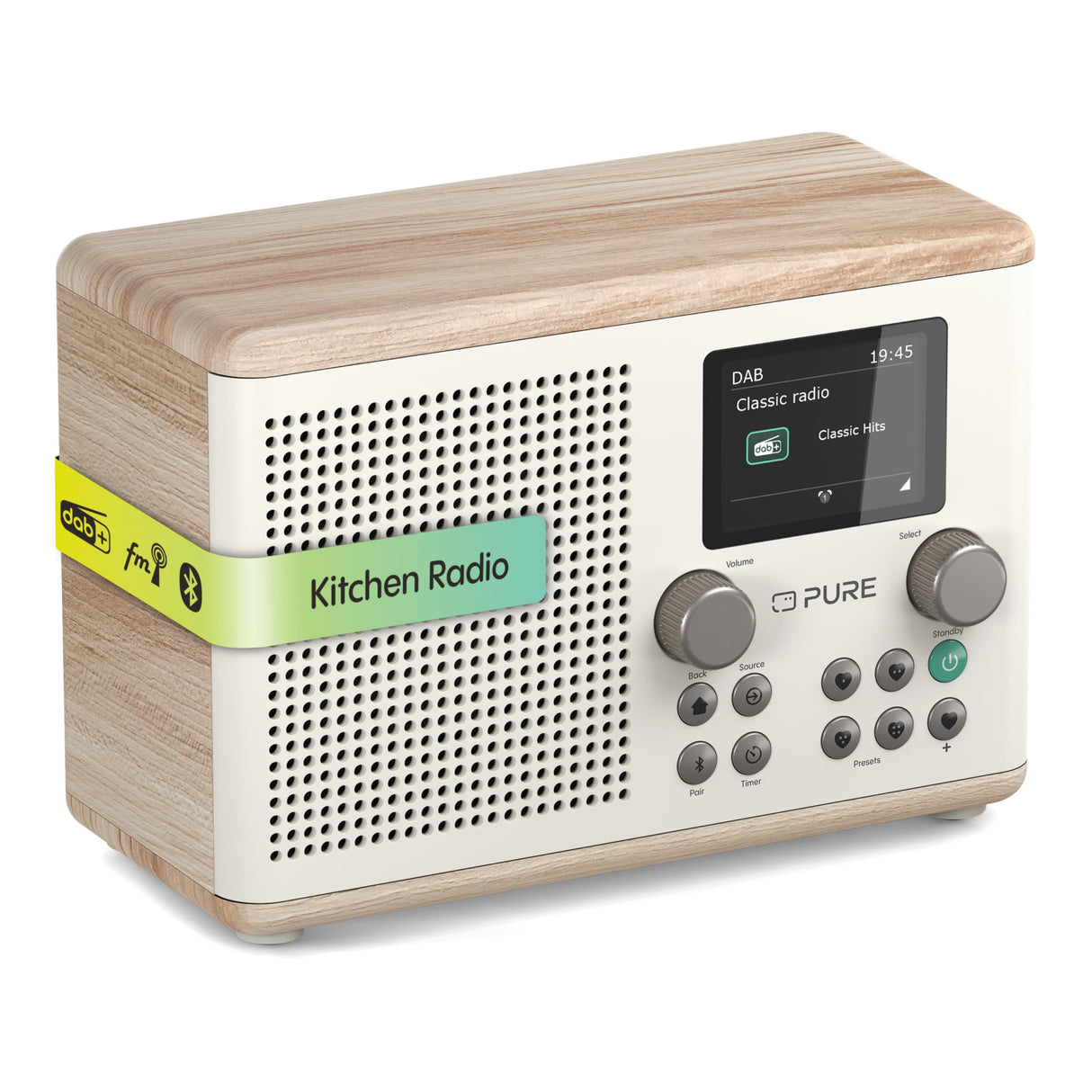 Pure Classic H4 Radio Digital de Cocina (Dab+/FM, Bluetooth, USB, AUX, Temporizador de Cocina, Alarma), Blanco Algodón/Roble