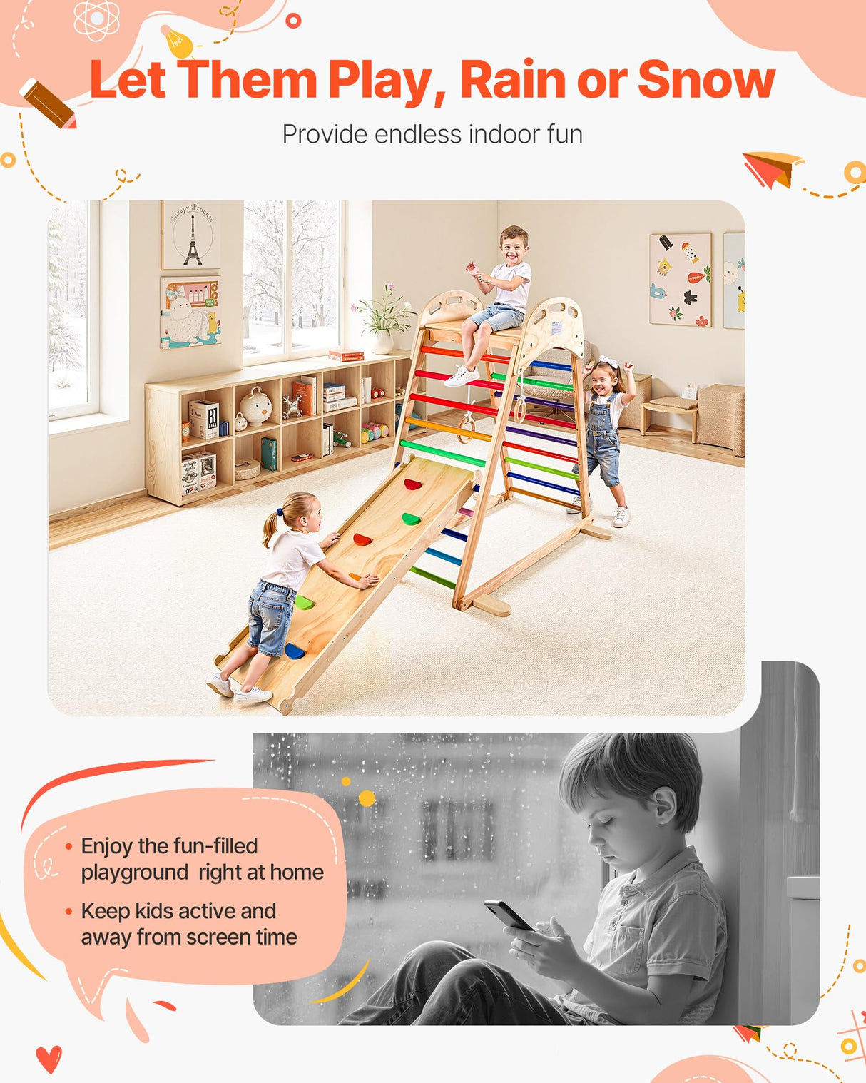 VEVOR 4 en 1 Parque Infantil de Madera para Interior, Carga 100 kg Juego de Escalada Montessori 2060 x 880 x 1205 mm con Roca de Escalar, Tobogán, Escalera de Madera y Anillas de Gimnasio, Colorido