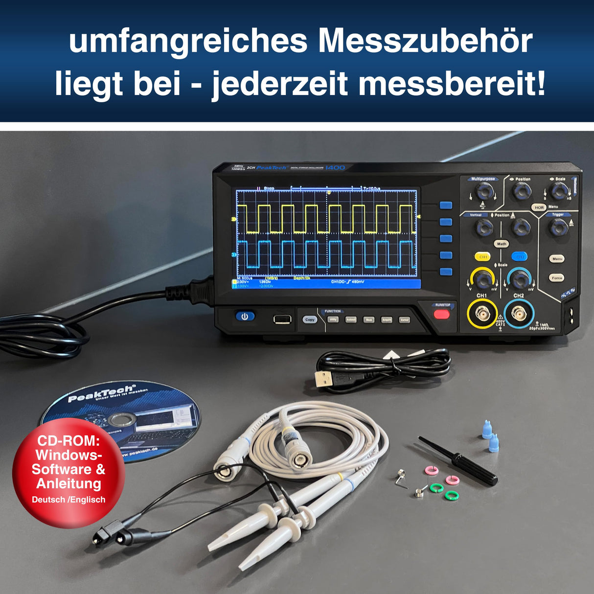 PeakTech, 1400, Osciloscopio digital compacto de 2 canales, Osciloscopio de 5 MHz de ancho de banda, velocidad de muestreo rápida de 100 MS/s, conexión USB, incluye software para PC