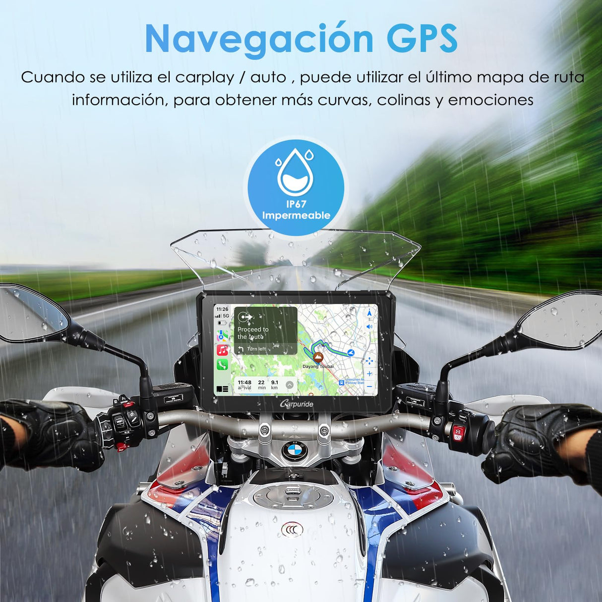 Carpuride W702B - Pantalla GPS Carplay para Motocicleta con Soporte Personalizado para BMW Motorbike, Inalámbrico CarPlay y Android Auto, Portátil 7 Pulgadas Impermeable Táctil Pantalla, Bluetooth