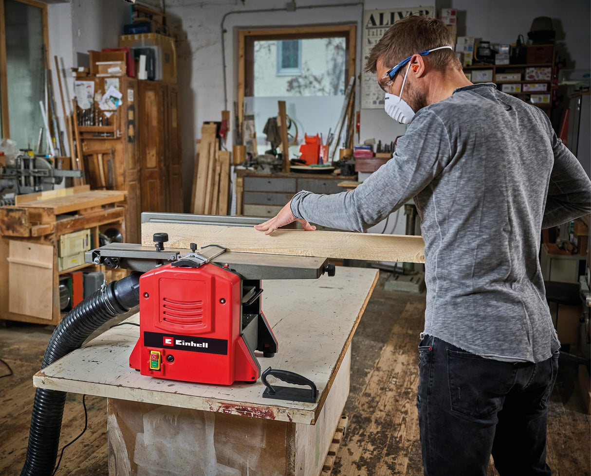 Einhell Cepilladora estacionaria TC-SP 204/2 (1500 W, 9000 rpm, 204 mm de ancho de cepillado, construcción estable para regruesado y planeado, estribo de salida extensible)