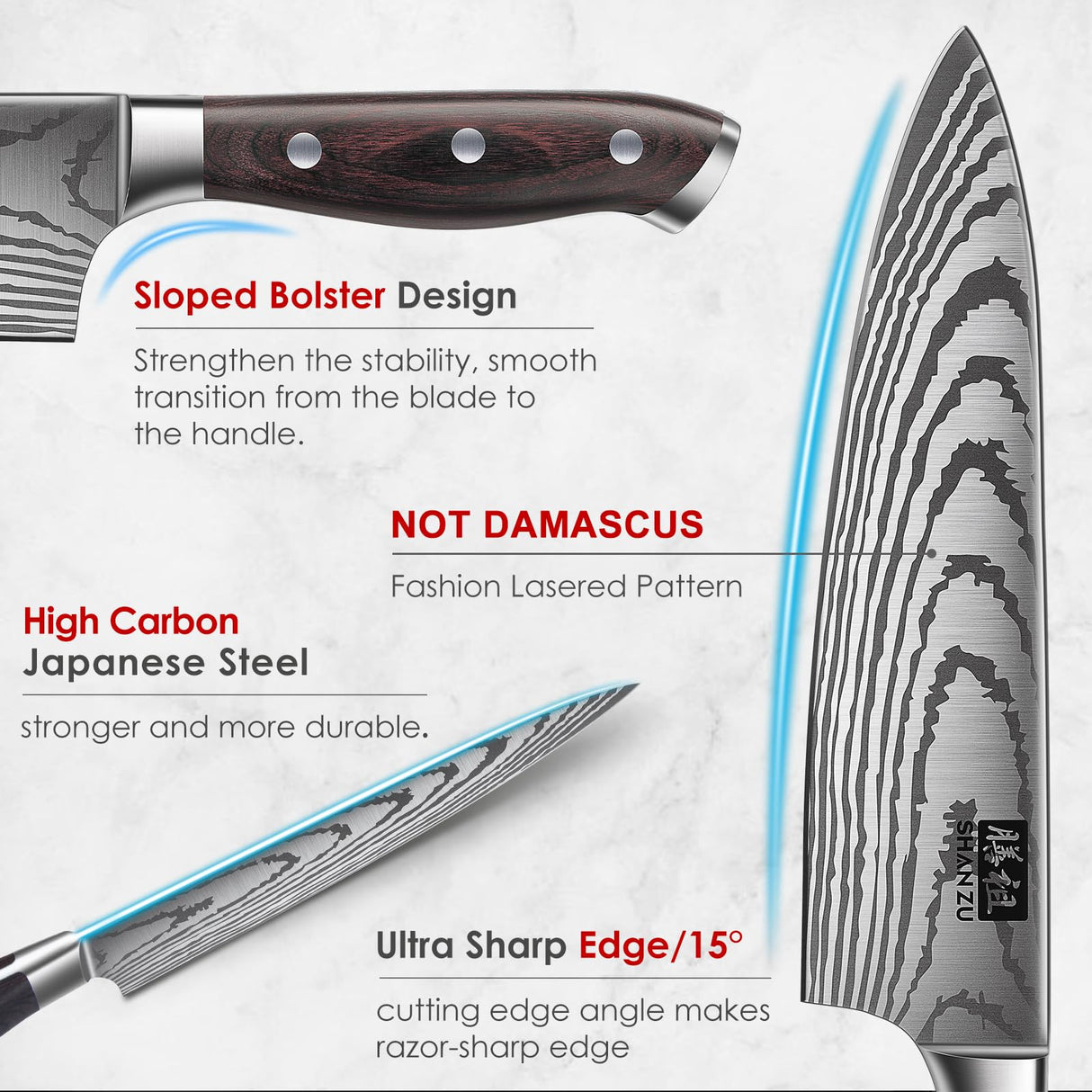 SHAN ZU Juego de Cuchillos Cocina, 16 Piezas Set Cuchillos Cocina Profesional de Acero Inoxidable de Alto Carbono, Juego de Cuchillos con Bloque de Madera, Afilador, Cuchillo de Chef, Santoku, Tijeras