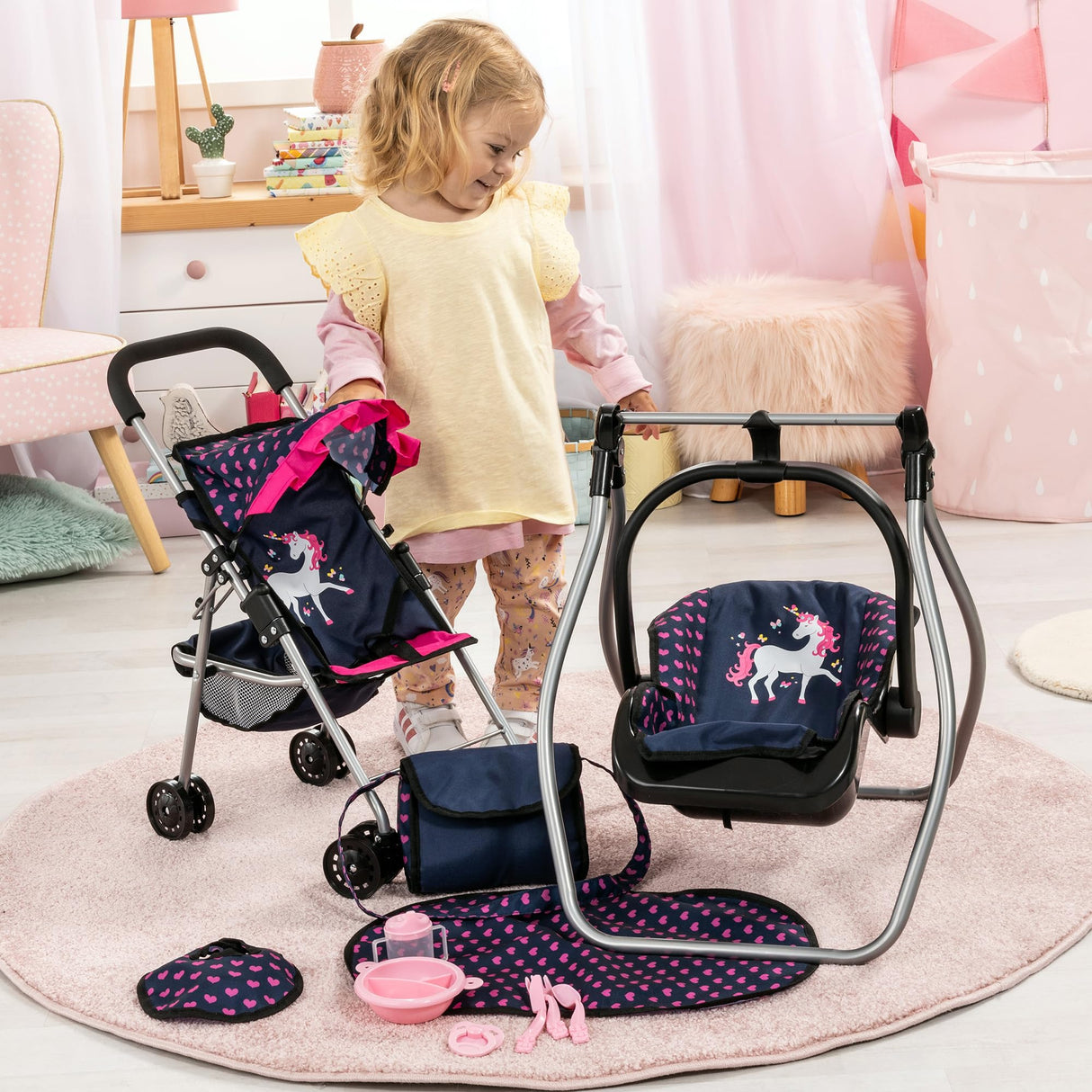 Bayer Design 21554AB Silla de Paseo para muñecas, Plegable, Ruedas Dobles, cinturón de Seguridad, Bolsa, Cambiador, Cuna, Accesorios para muñecas
