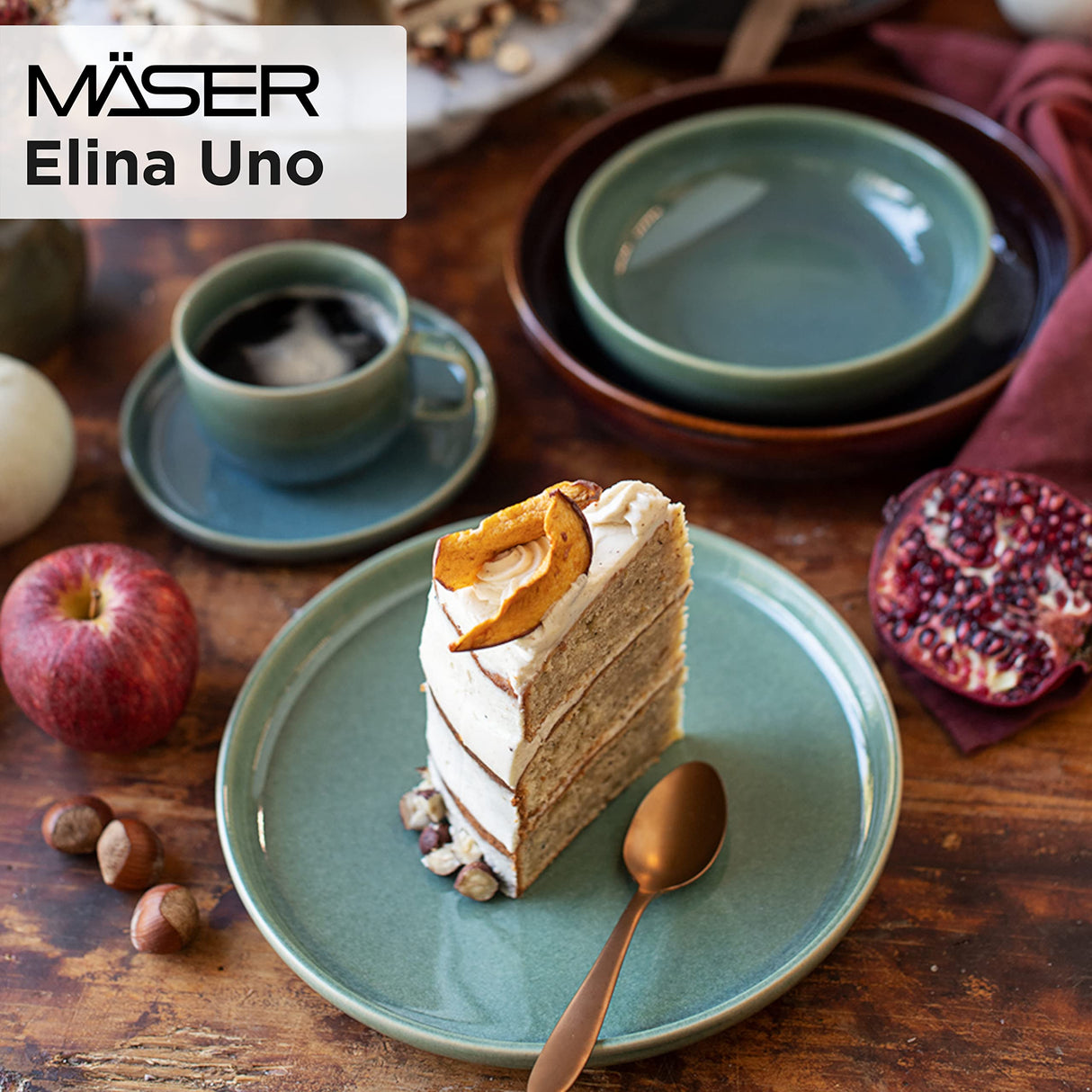 MÄSER Serie Elina Uno - Juego de vajilla de café con efecto irregular para 4 personas, platos llanos y platos de sopa, servicio de café de 12 piezas, gres, playa