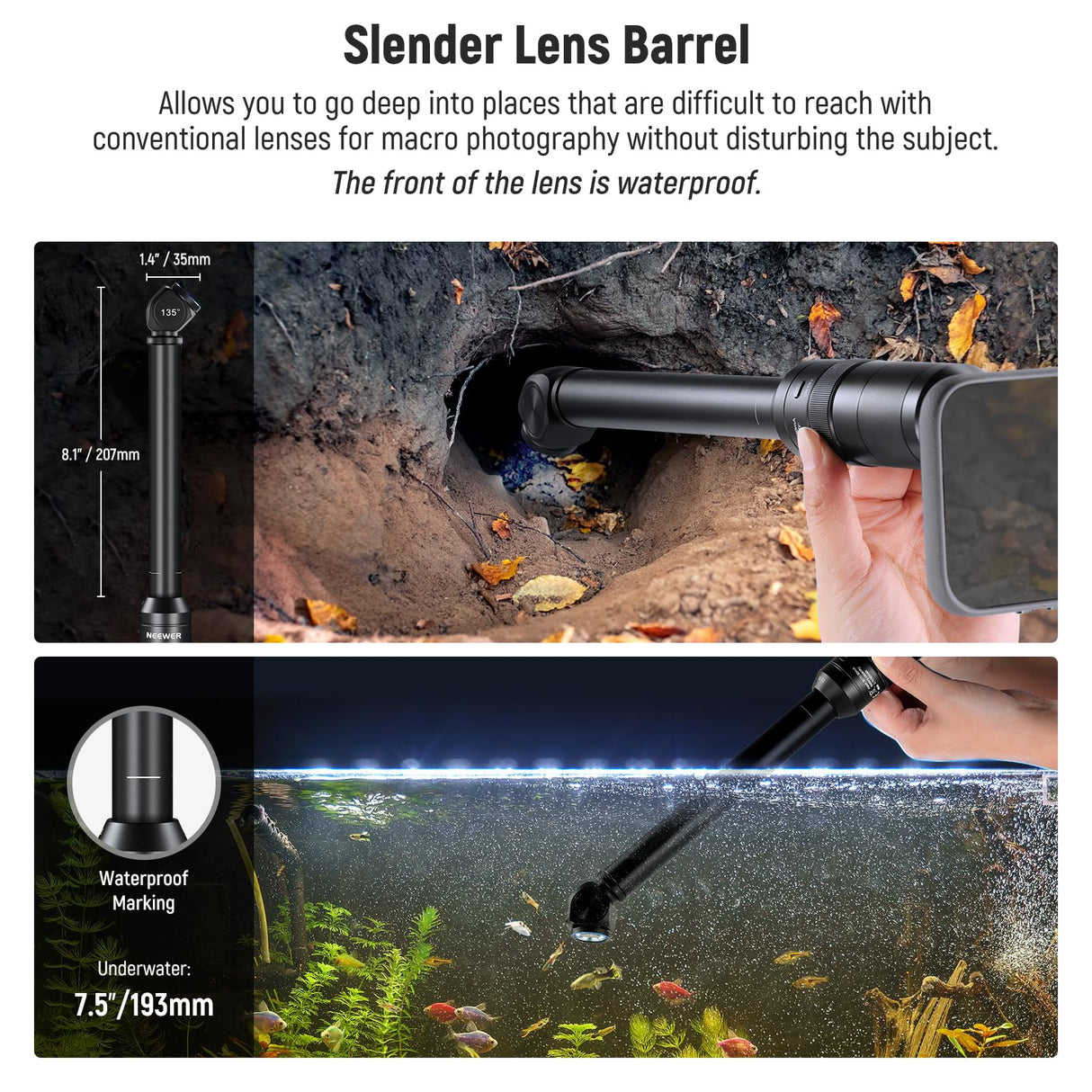 NEEWER Lente de sonda Macro 2X de 135° 18 mm con Rosca de 17 mm para grabación de Video de teléfono móvil, para Jaula de teléfono NEEWER/Funda de teléfono con Adaptador de Lente de 17 mm Compatible