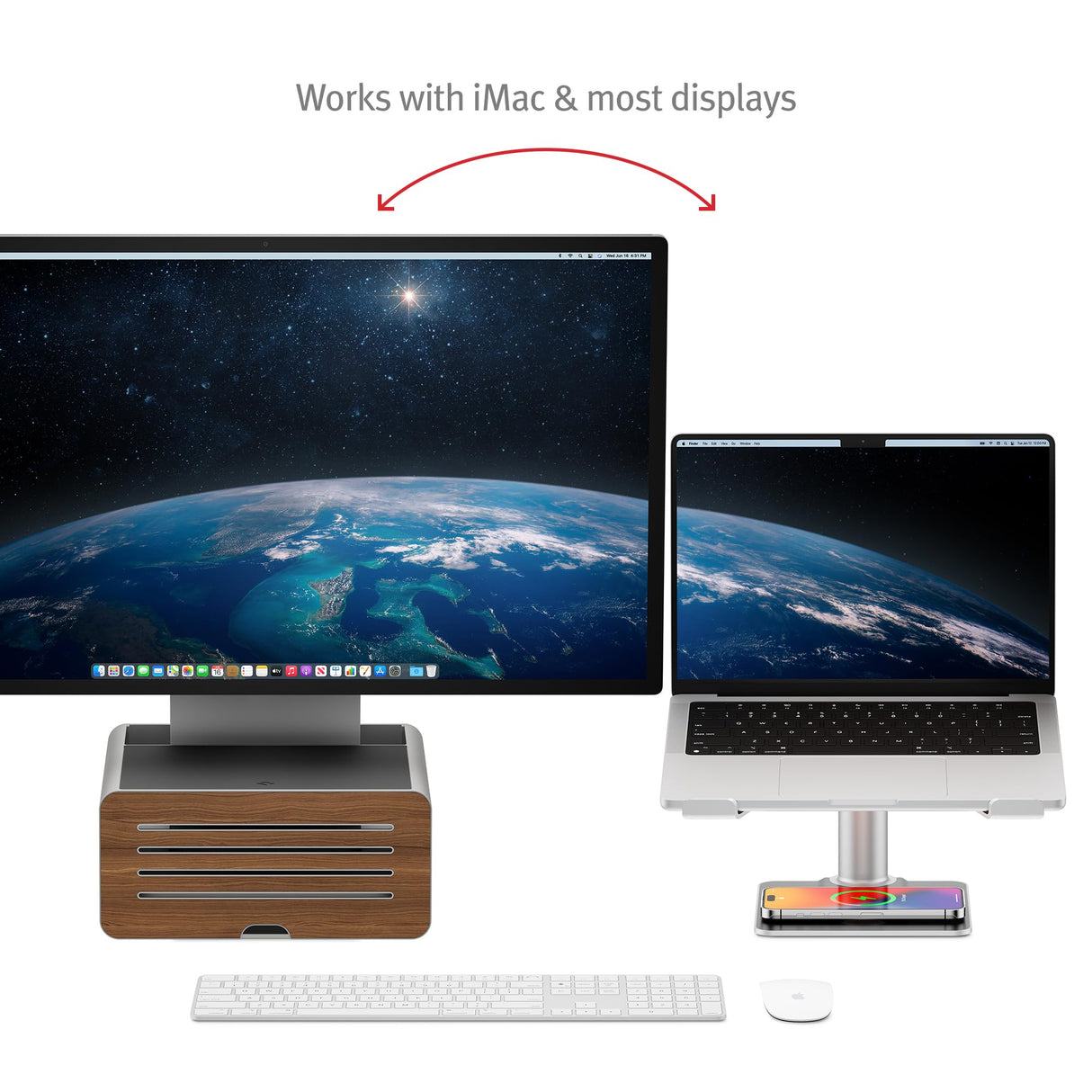 Twelve South HiRise Pro para iMac/Pantallas/Monitores | Soporte Ajustable en Altura con Almacenamiento, Frontal Reversible + Revestimiento de Cuero (Plata)