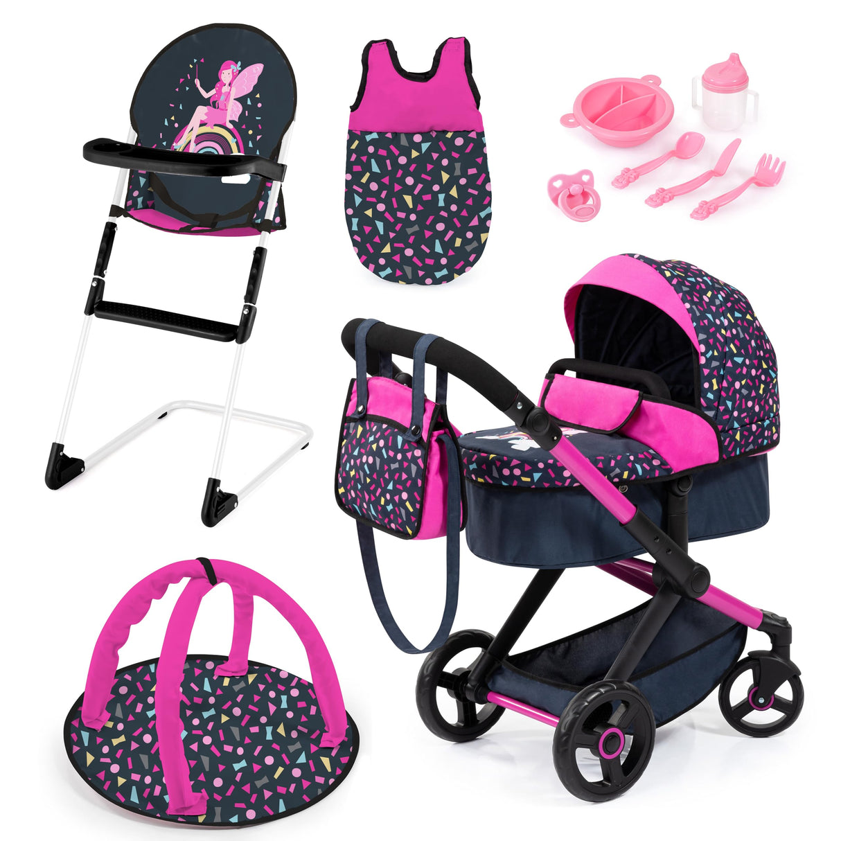 Bayer Design 17080AB Cochecito de muñeca XEO, Convertible, Regulable en Altura, Trona para muñeco bebé, Bolsa, Saco de Dormir, Gimnasio Actividades, Accesorios
