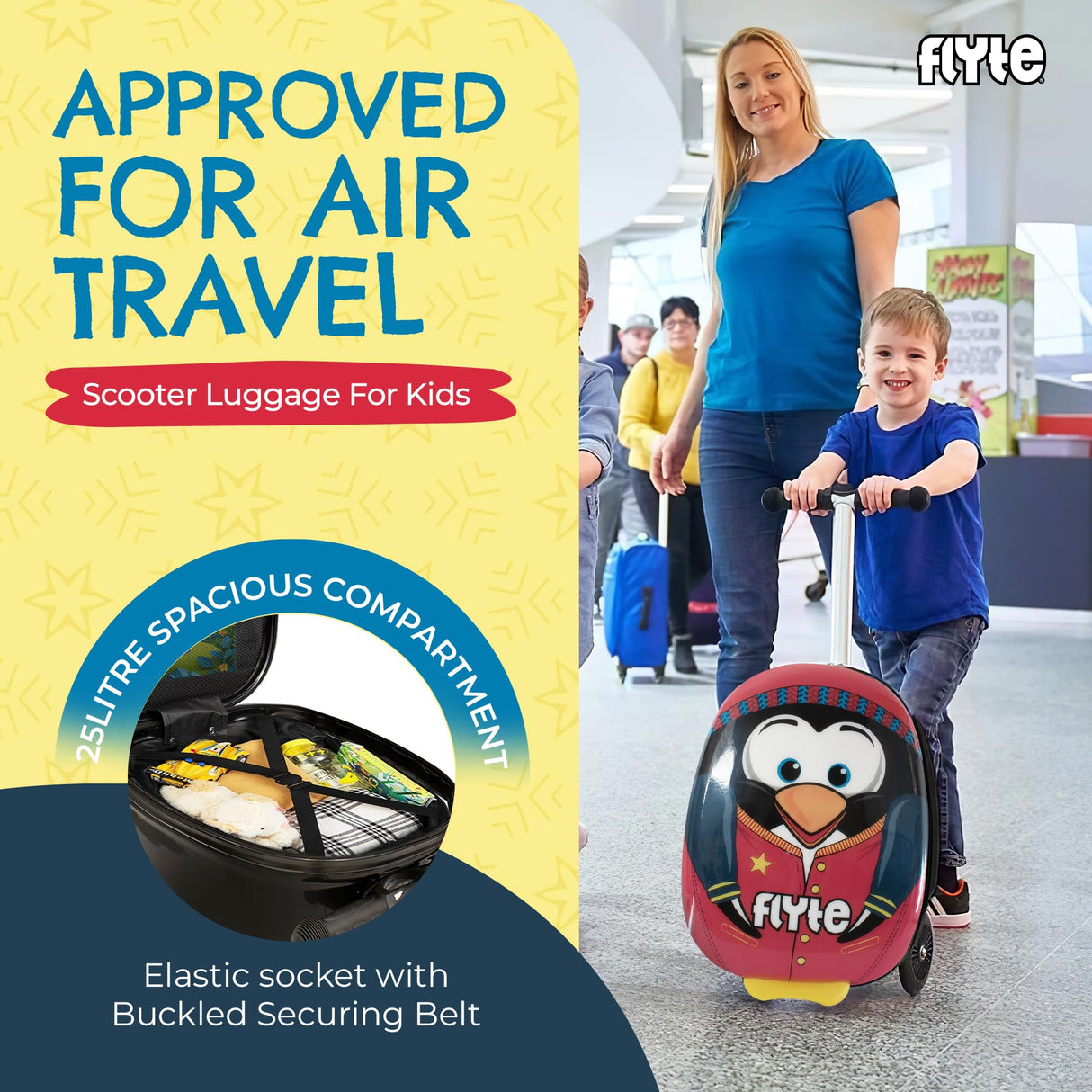 Flyte Scooter Maleta Plegable para niños – Perry el pingüino, Carcasa rígida, Paseo con Ruedas, 2 en 1, 18 Pulgadas, Capacidad de 25 litros, Red, 18-Inch, Perry el pingüino