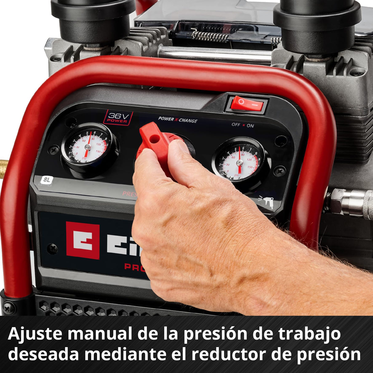 Einhell Professional Compresor con batería SILENZZO 36/210 Power X-Change (36 V, máx. 8 bar, depósito de 8 l, potencia de aspiración 210 l/min, manómetro, sin aceite, silencioso, sin batería)